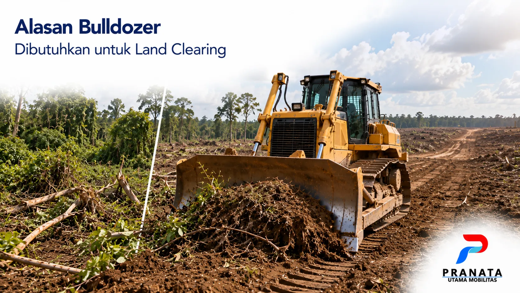 Bulldozer melakukan land clearing dengan mendorong material dan meratakan lahan sebagai tahap awal persiapan proyek.