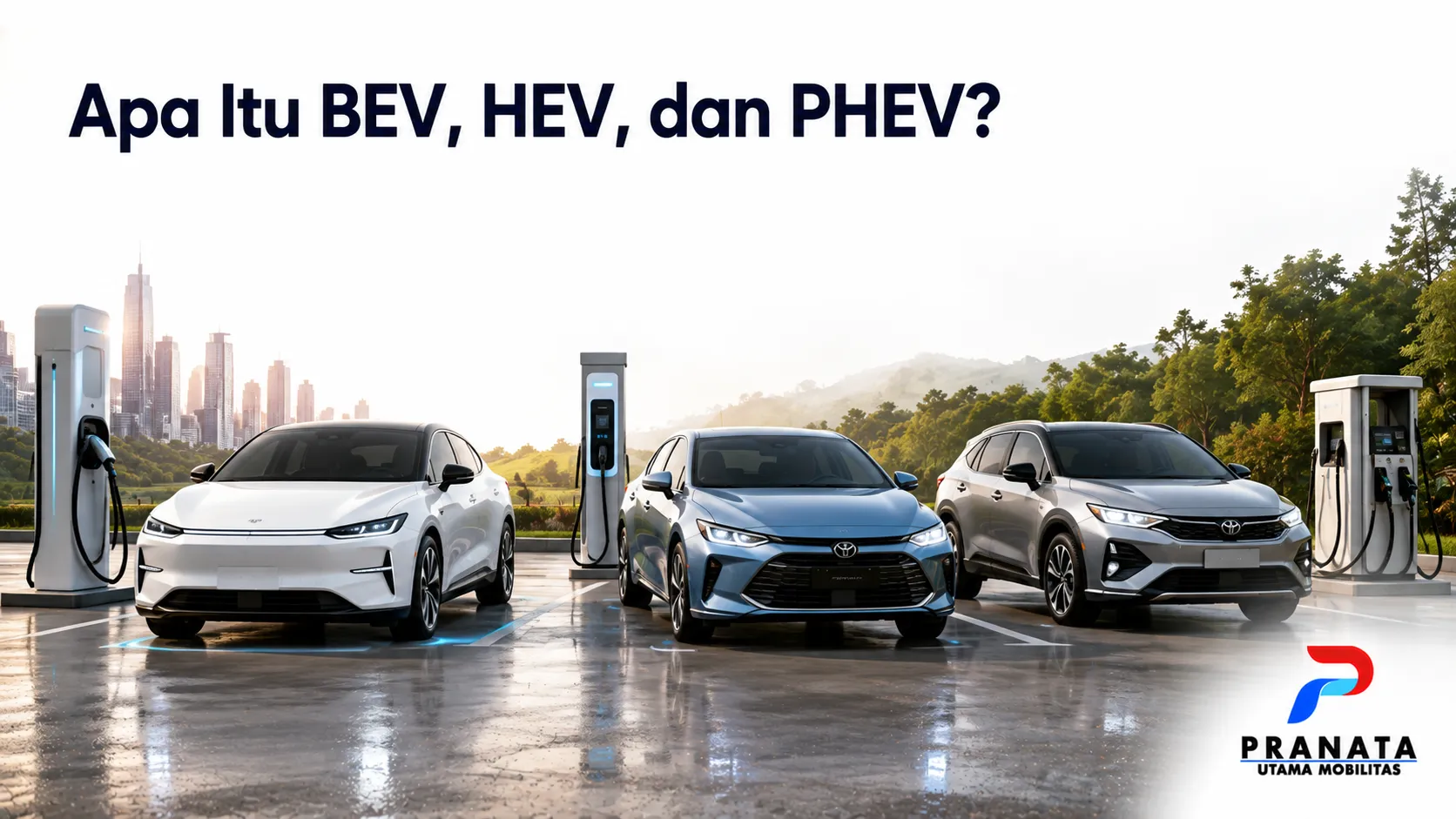 Tiga jenis kendaraan listrik sebagai ilustrasi perbedaan BEV, HEV, dan PHEV berdasarkan sistem penggeraknya.