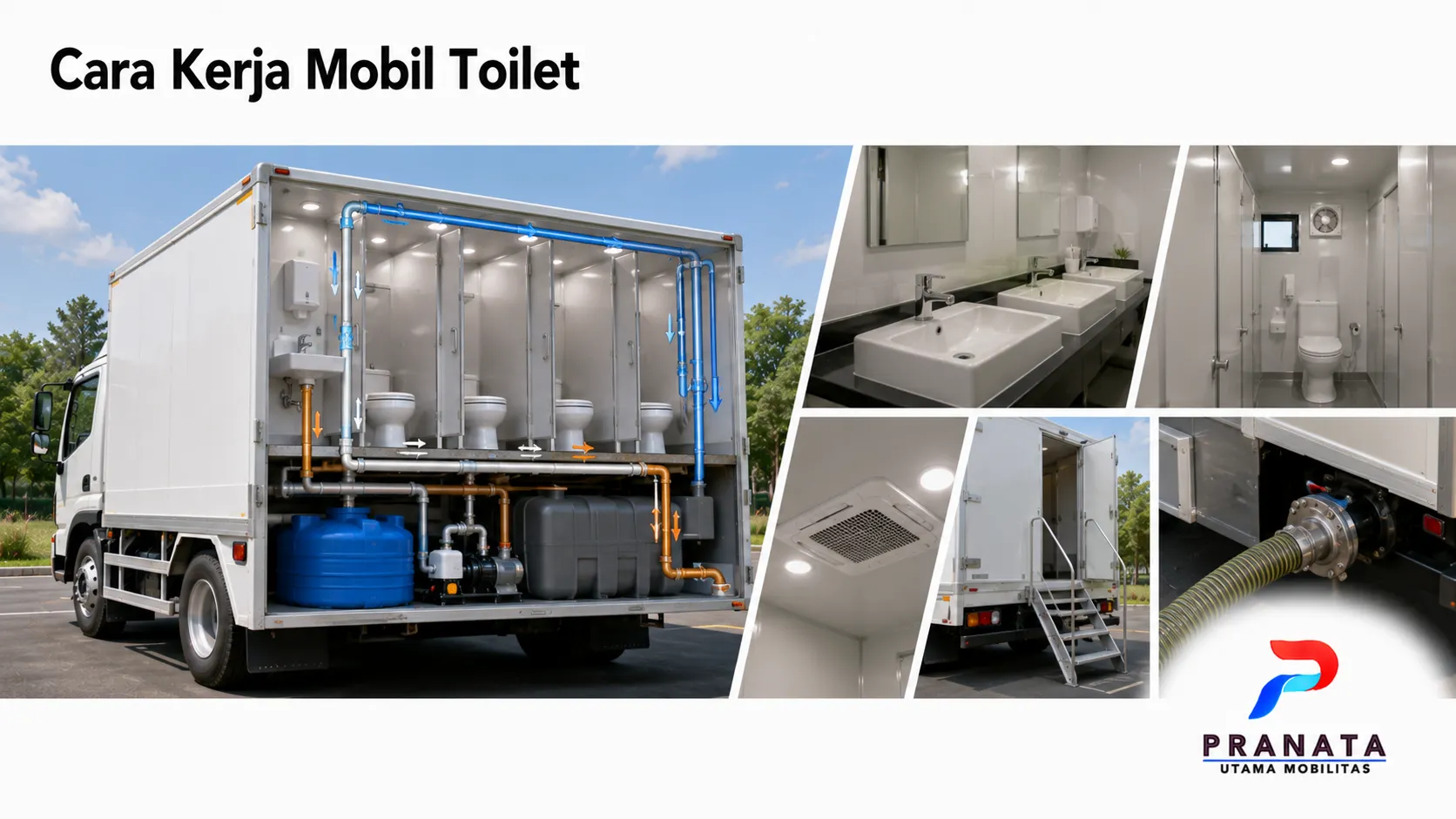 Mobil toilet dengan sistem air bersih, tangki limbah, dan plumbing terintegrasi untuk mendukung fasilitas sanitasi di berbagai lokasi.