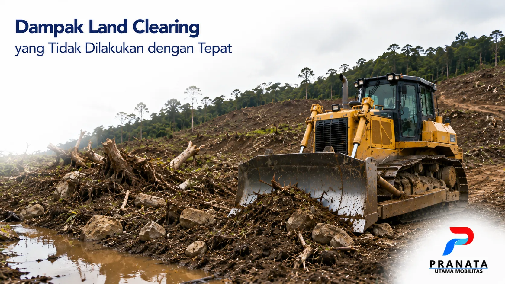 Bulldozer melakukan land clearing pada area proyek dengan kondisi lahan yang tidak rata sebagai tahap awal persiapan konstruksi.