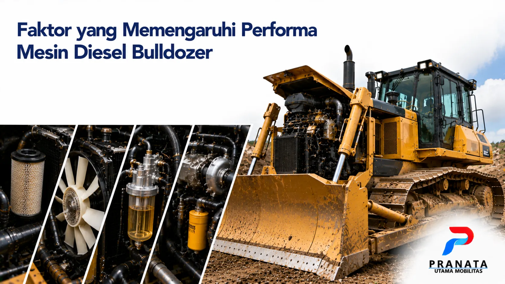 Bulldozer dengan fokus pada mesin diesel dan komponen pendukung yang menggambarkan faktor-faktor penting dalam menjaga performa alat berat.