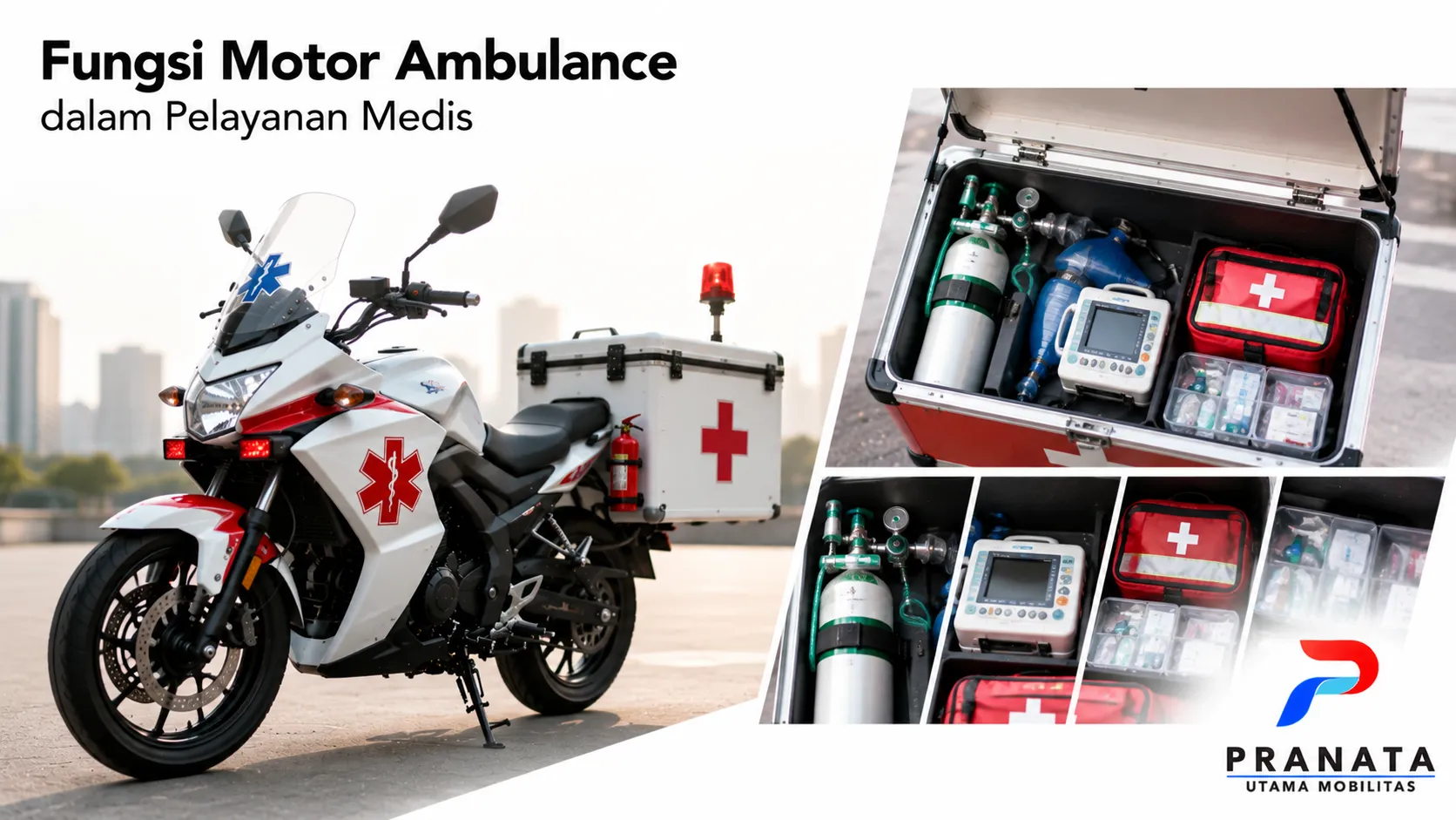 Motor ambulance dengan perlengkapan medis lengkap sebagai kendaraan respons cepat untuk mendukung pelayanan medis pra-rumah sakit.