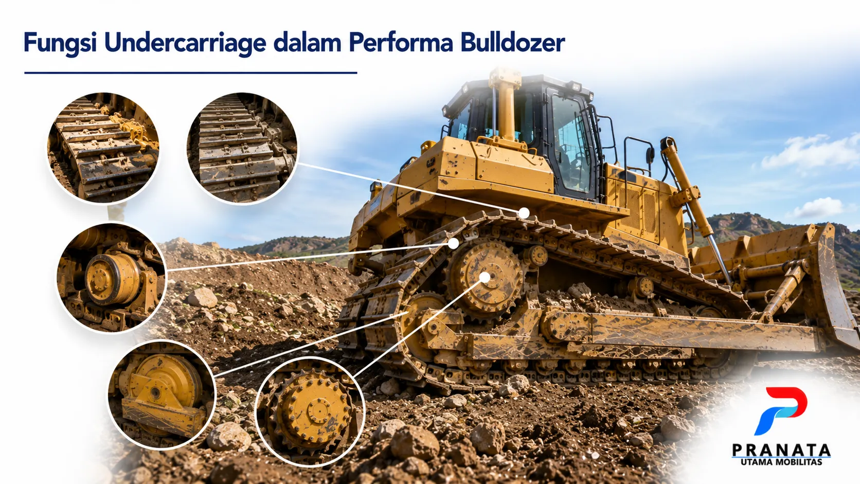 Undercarriage bulldozer dengan komponen track yang mendukung stabilitas, traksi, dan performa alat berat di berbagai medan.