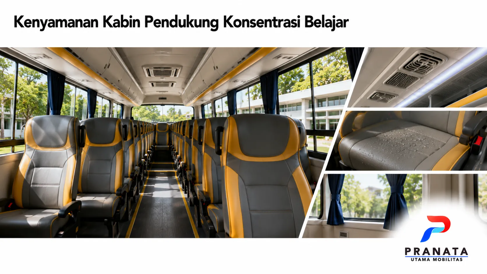 Interior bus sekolah dengan kabin nyaman, kursi ergonomis, dan pendingin udara untuk mendukung kenyamanan perjalanan siswa.
