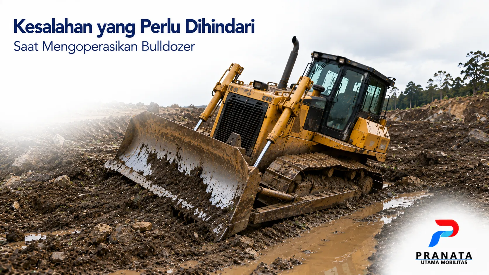 Bulldozer beroperasi di area proyek dengan kondisi medan berat sebagai ilustrasi pentingnya mengikuti prosedur pengoperasian yang benar.