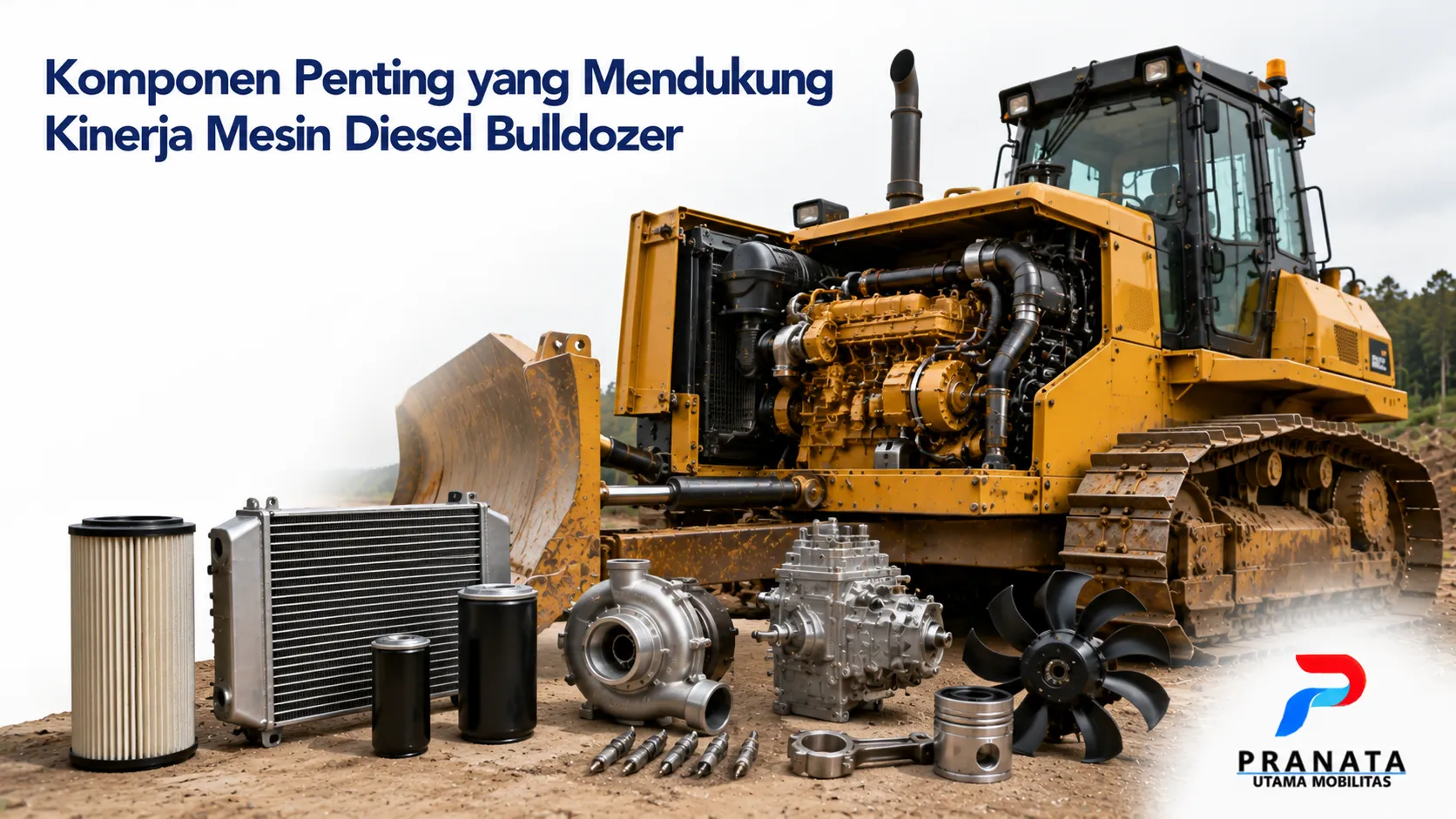 Bulldozer dengan mesin diesel terbuka dan komponen pendukungnya ditampilkan untuk menggambarkan peran setiap bagian dalam menjaga performa alat berat.