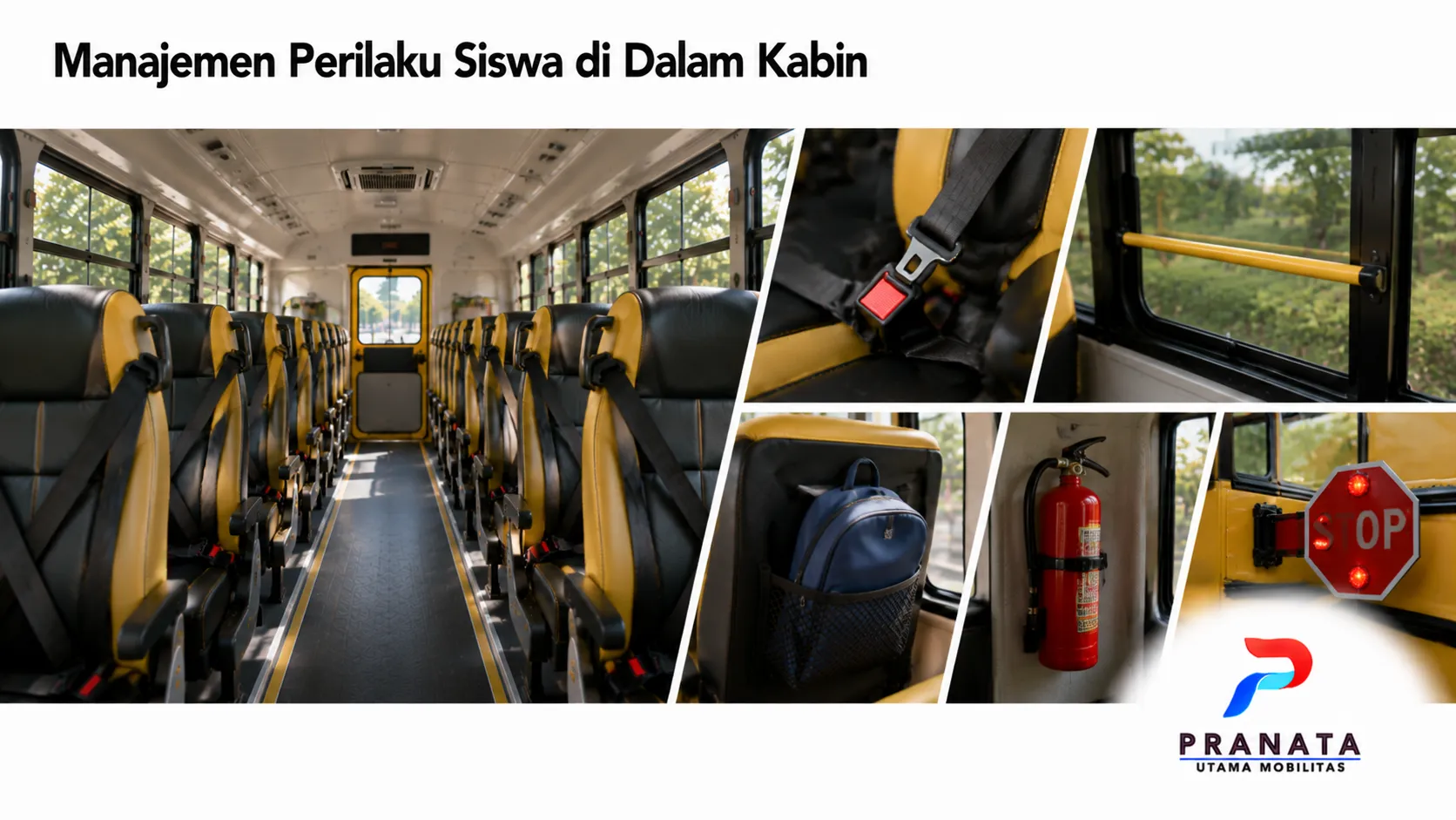 Interior kabin bus sekolah dengan fasilitas keselamatan untuk menjaga ketertiban siswa.