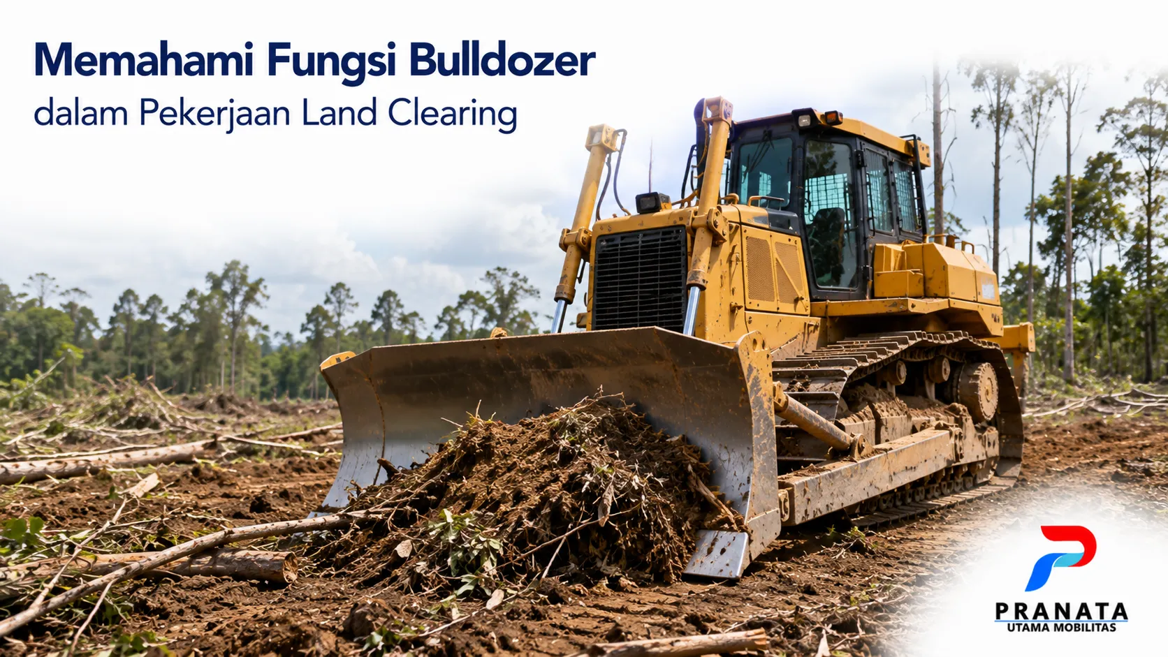 Bulldozer melakukan pekerjaan land clearing dengan mendorong dan meratakan material pada area persiapan proyek.