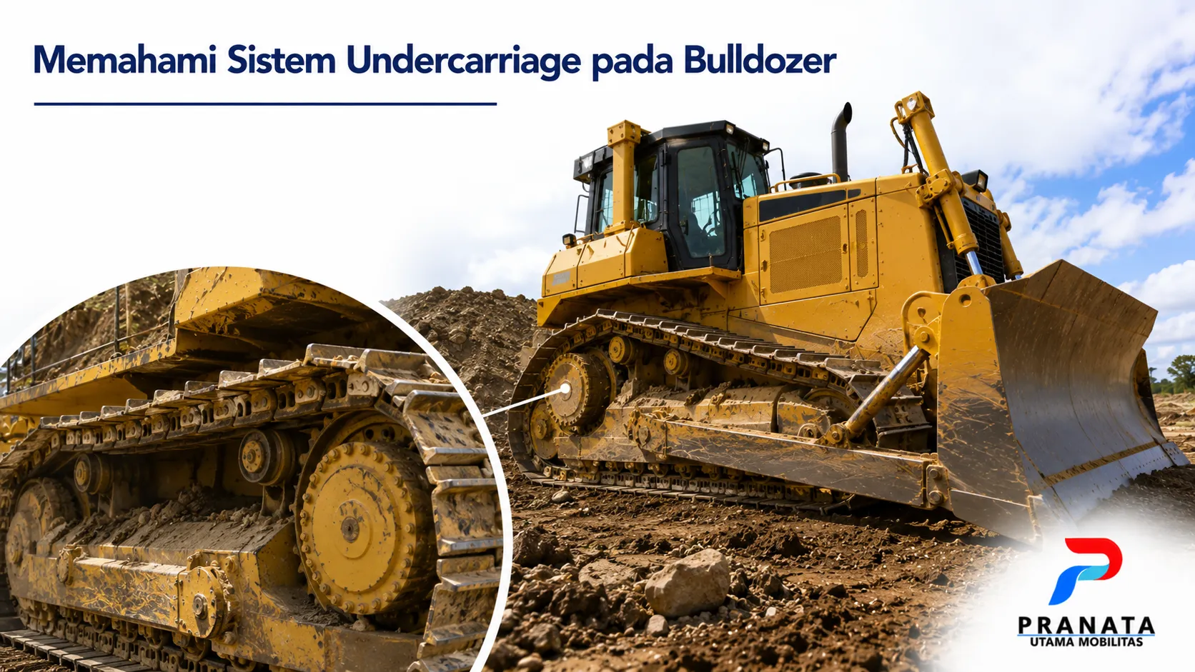 Close-up sistem undercarriage bulldozer yang mendukung stabilitas dan performa alat berat saat bekerja di berbagai medan.