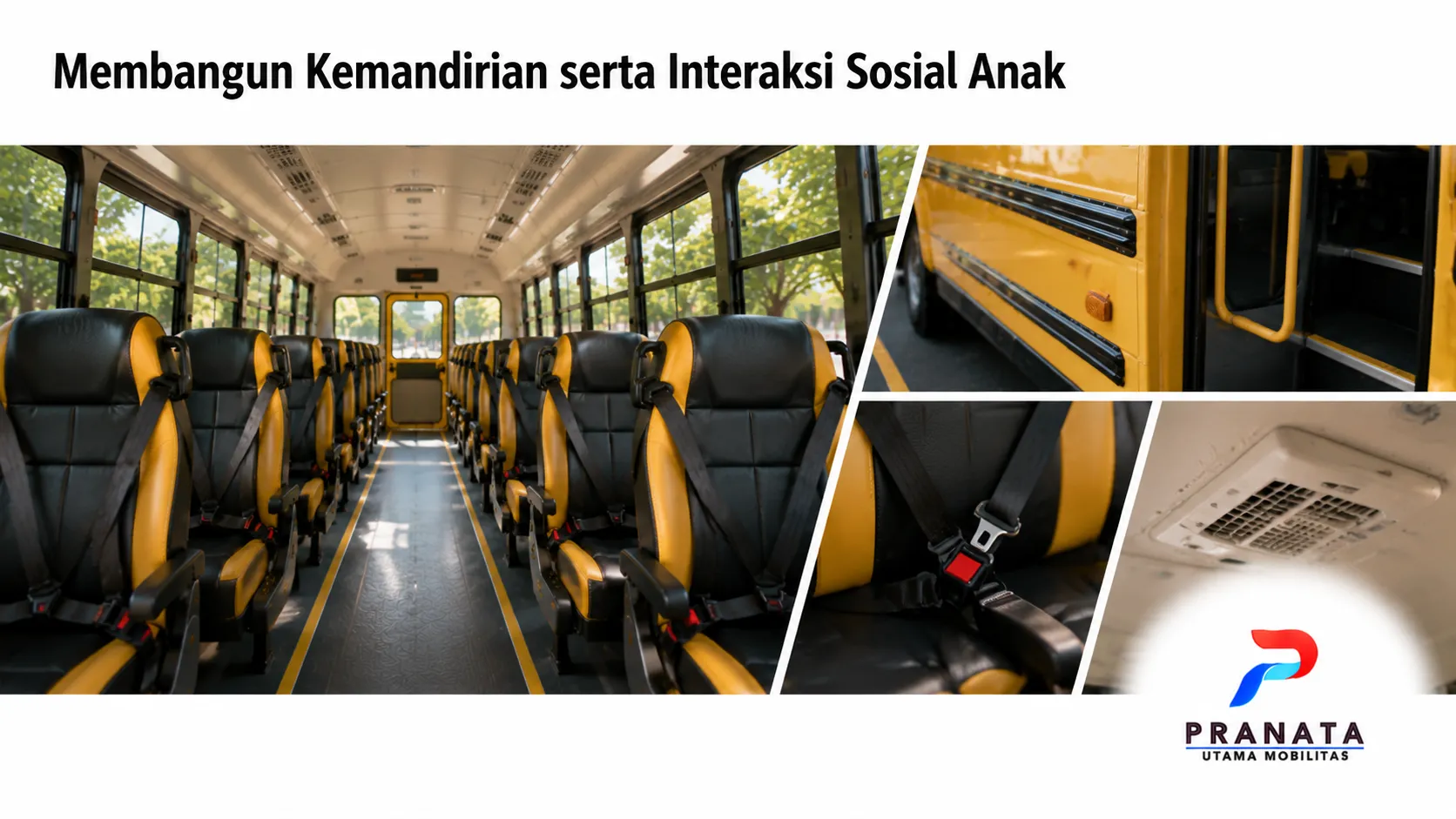 Interior bus sekolah dengan fasilitas nyaman untuk mendukung perjalanan siswa.
