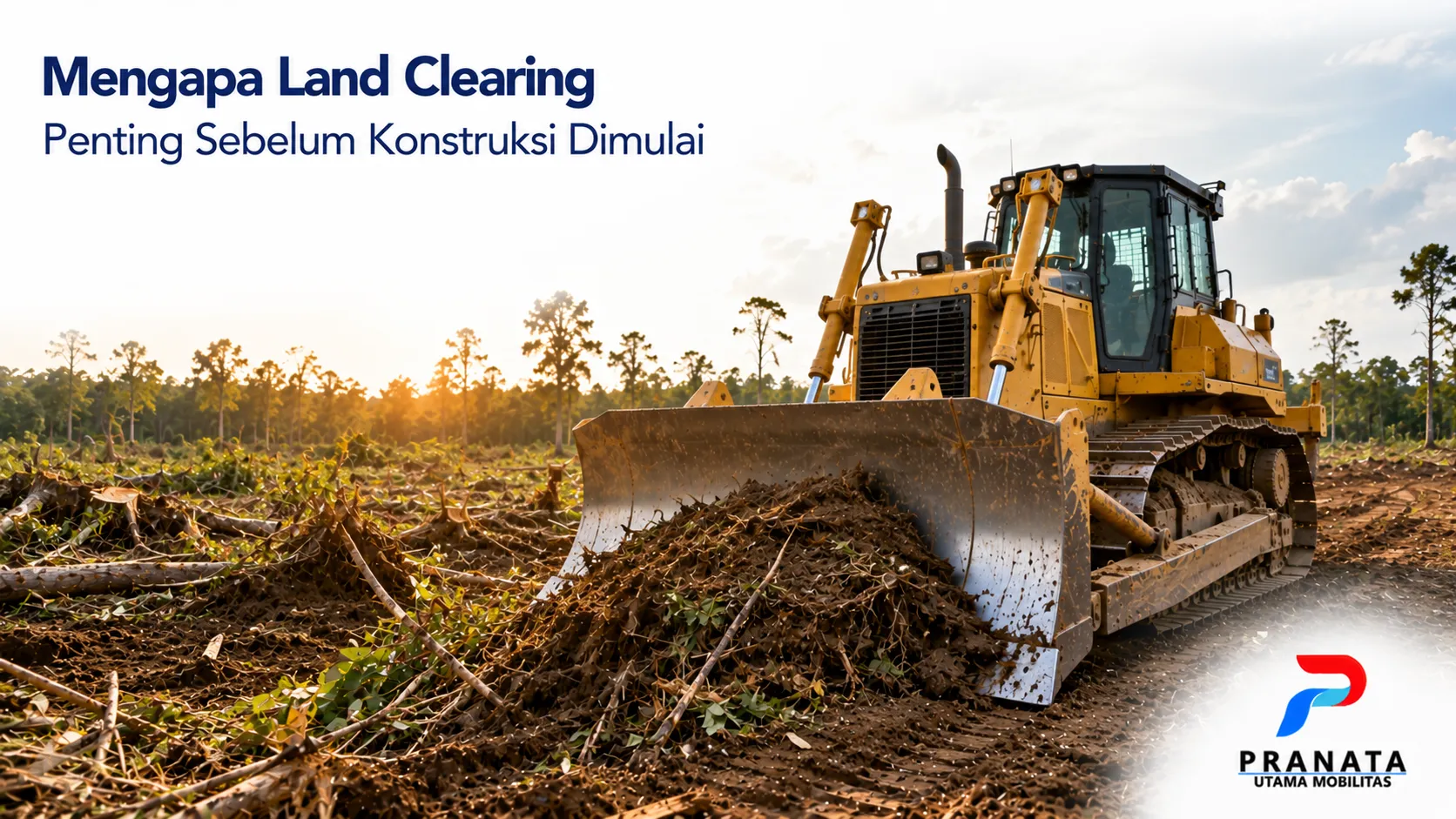 Bulldozer melakukan proses land clearing untuk membersihkan dan menyiapkan lahan sebelum pekerjaan konstruksi dimulai.