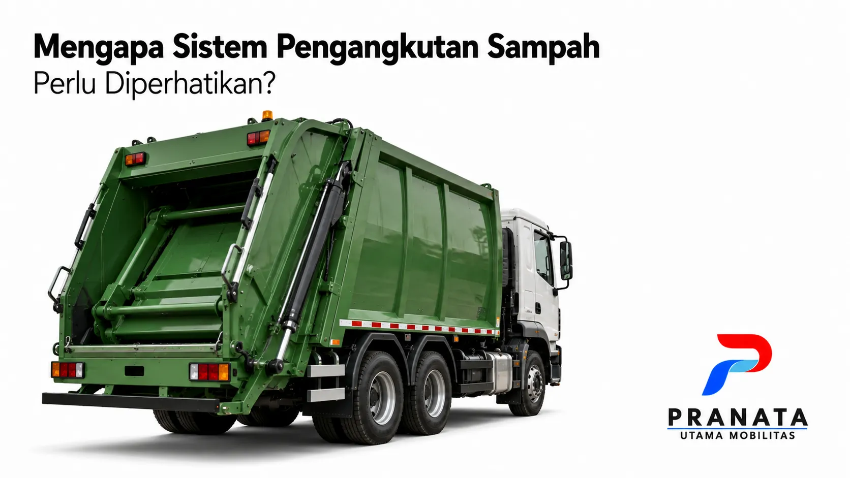 Truck compactor modern dengan bak tertutup sebagai ilustrasi sistem pengangkutan sampah yang lebih higienis, aman, dan efisien.