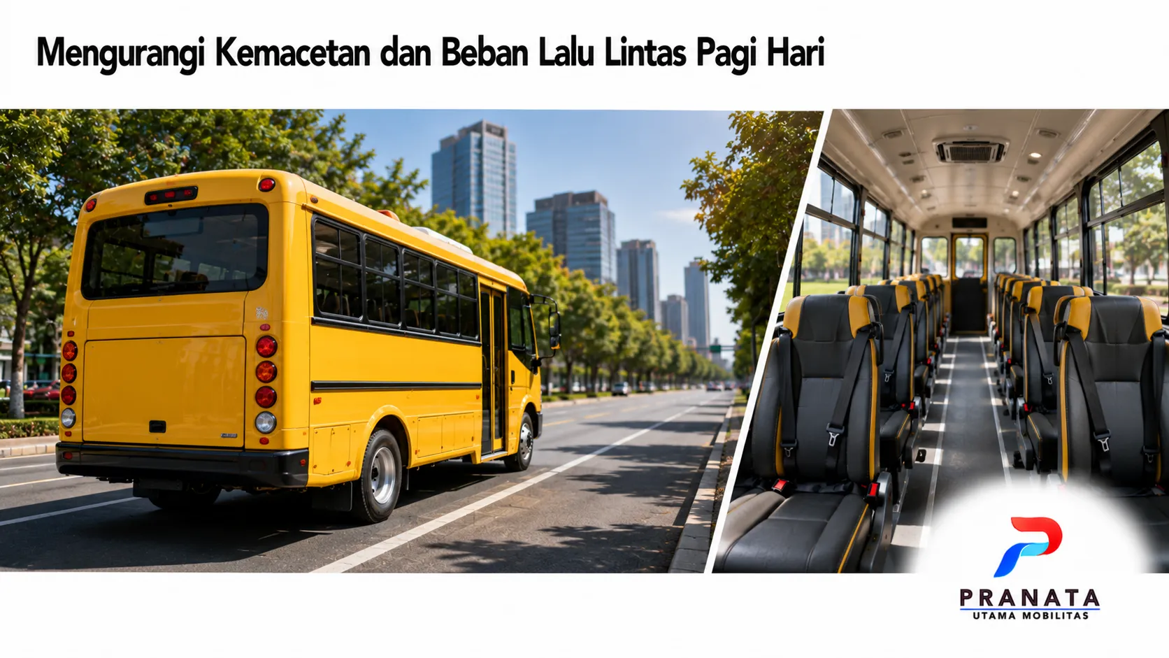 Bus sekolah sebagai transportasi pelajar yang membantu mengurangi kepadatan lalu lintas di sekitar area sekolah pada jam sibuk pagi.