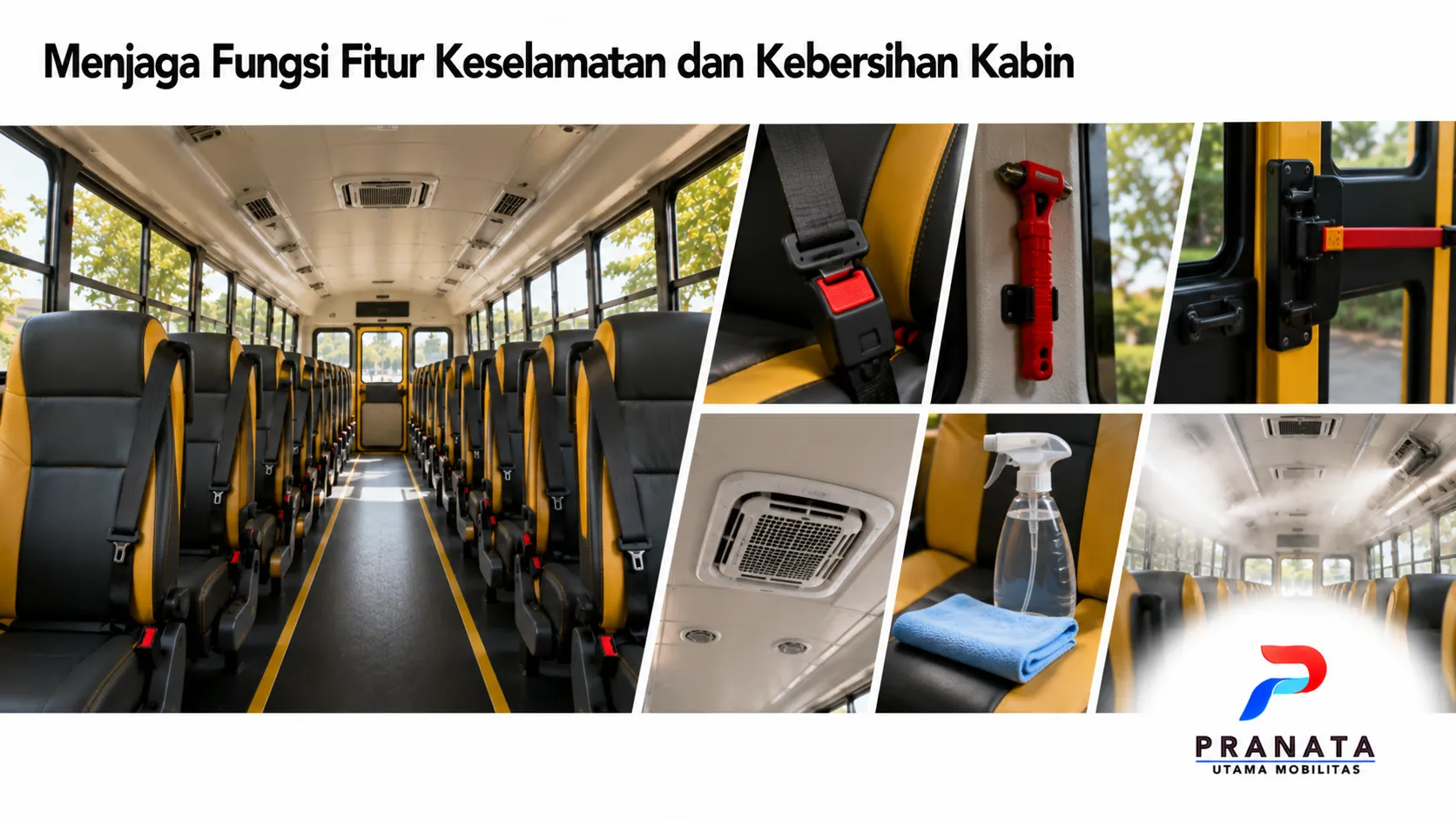 Interior bus sekolah yang bersih dengan sabuk pengaman dan fitur keselamatan lengkap untuk mendukung perjalanan siswa yang aman dan nyaman.