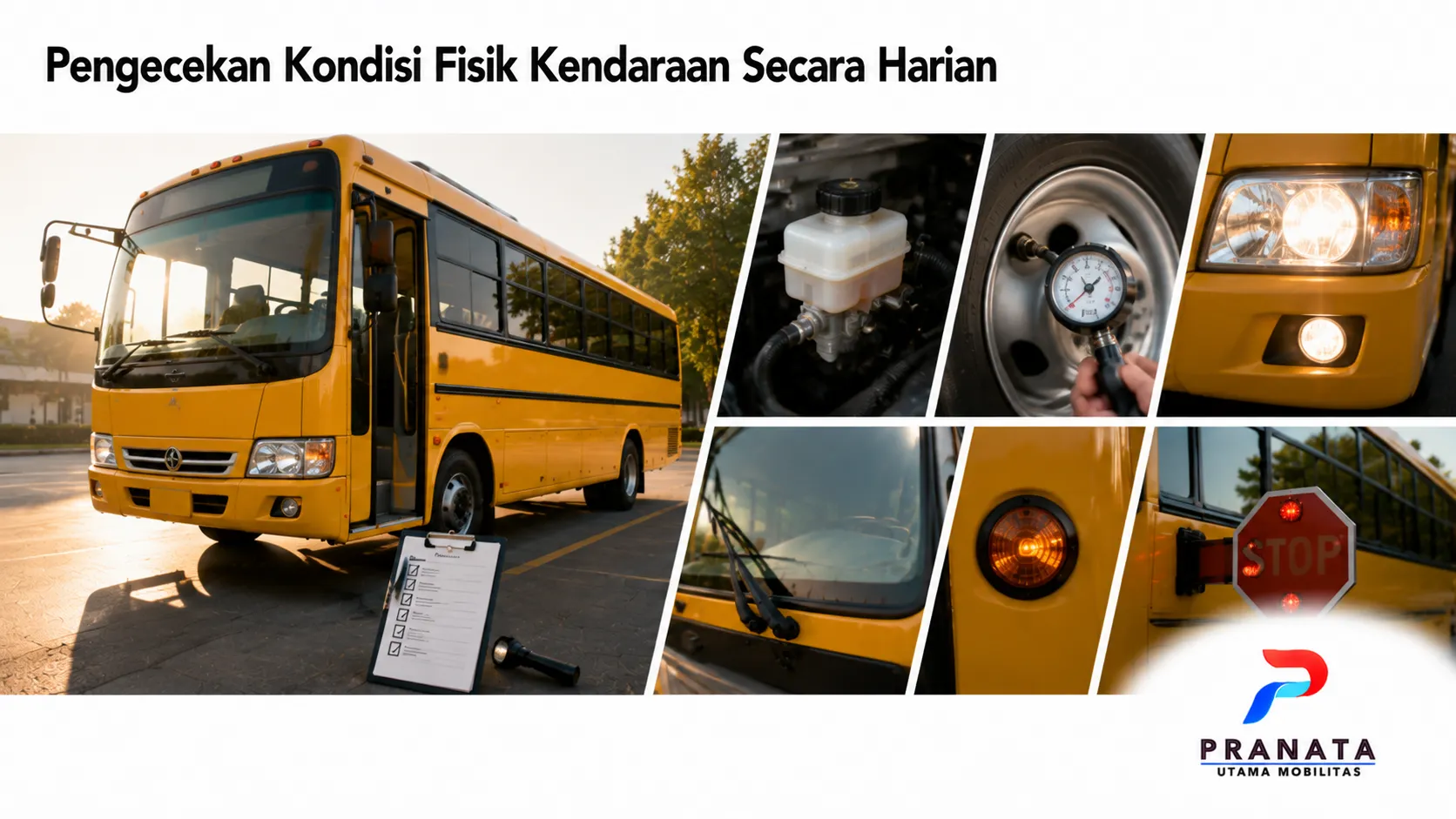 Pemeriksaan harian kondisi bus sekolah untuk memastikan keamanan operasional kendaraan.