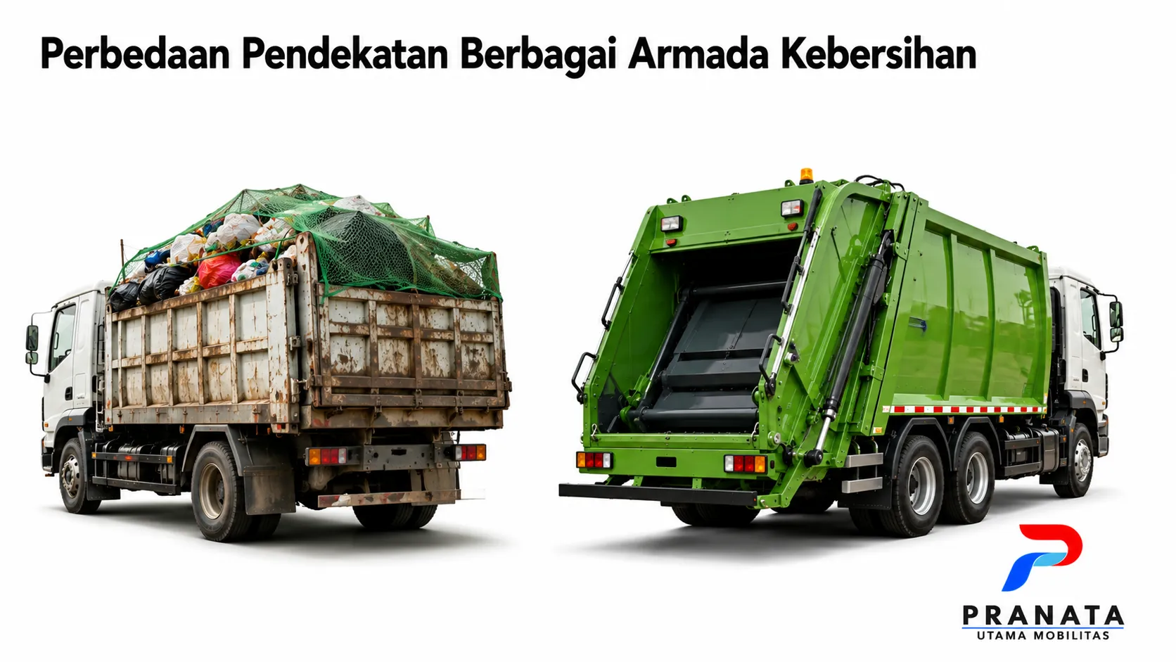 Perbandingan kendaraan pengangkut sampah modern yang menampilkan truck compactor sebagai solusi operasional yang lebih efisien dan higienis.