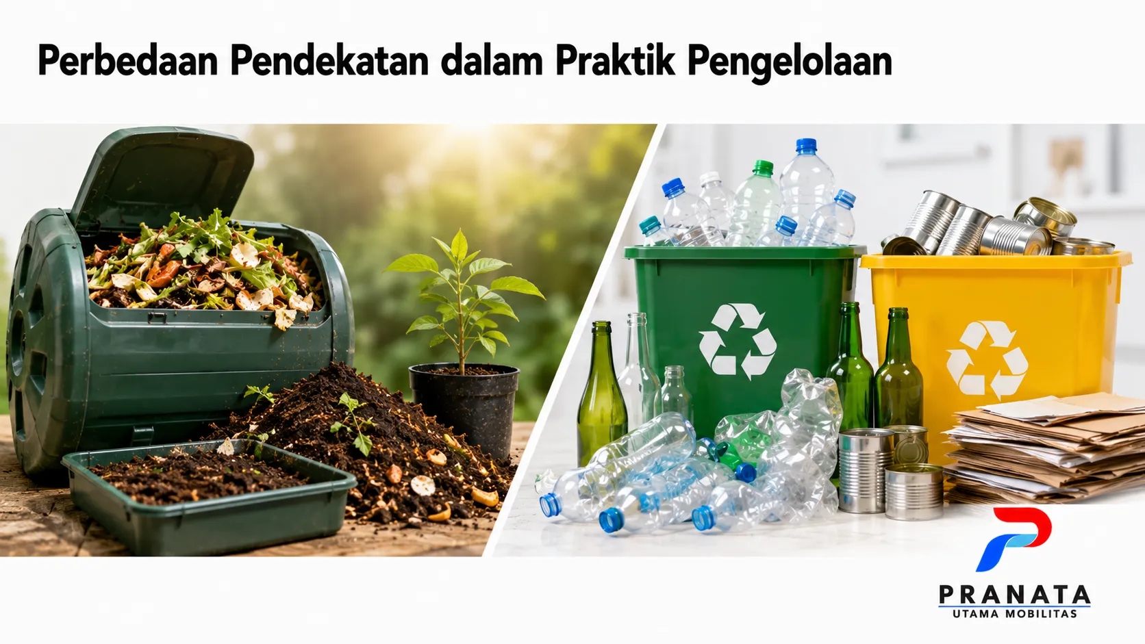 Ilustrasi perbedaan pengelolaan sampah organik dan anorganik melalui proses pengomposan dan daur ulang untuk mendukung pengelolaan limbah yang efektif.
