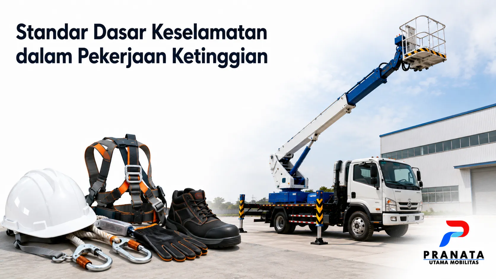 Mobil skylift dengan perlengkapan keselamatan kerja di area industri sebagai ilustrasi standar keselamatan dalam pekerjaan ketinggian.