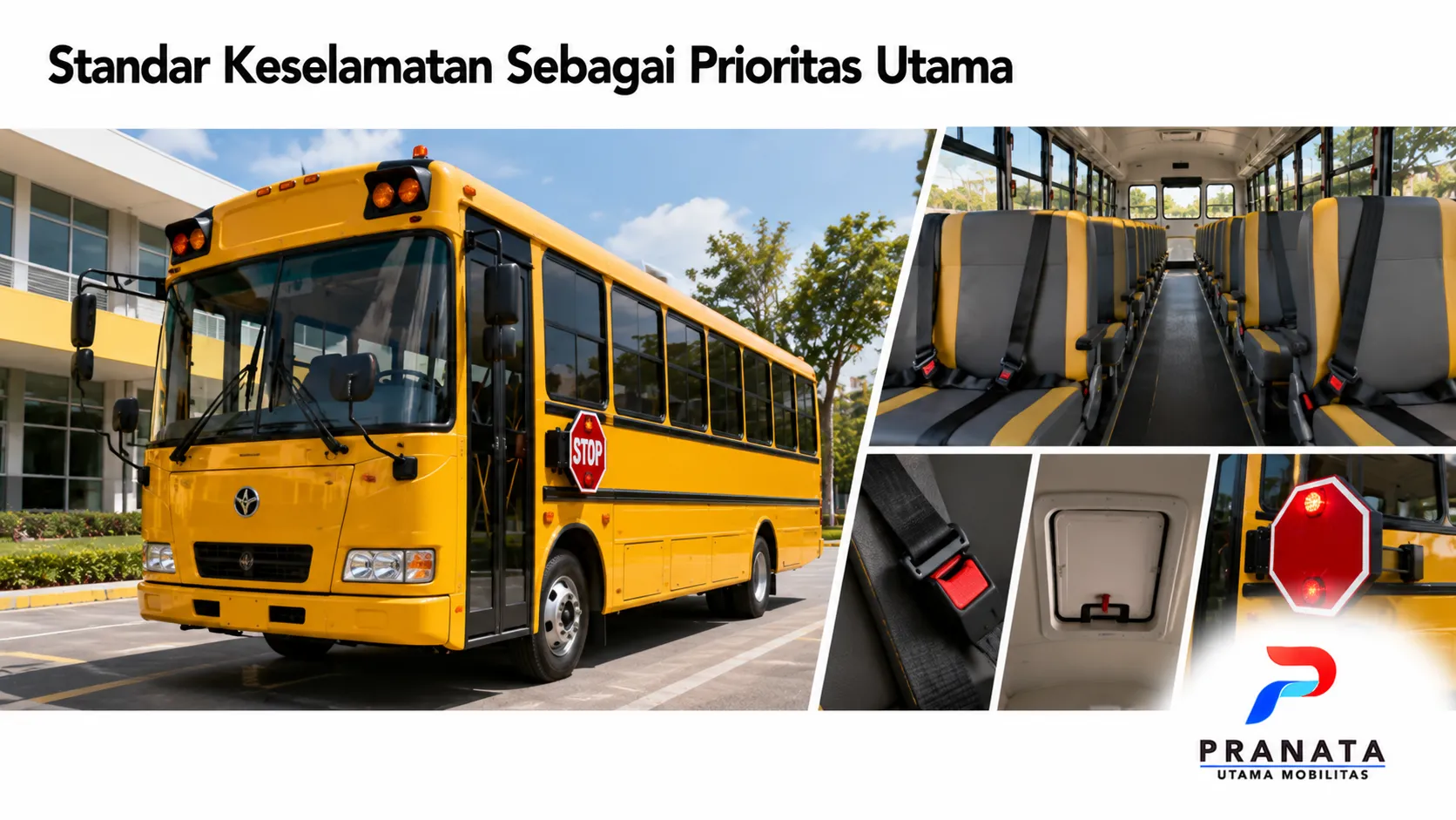 Bus sekolah dengan fitur keselamatan lengkap sebagai sarana transportasi pelajar yang mendukung keamanan dan kenyamanan perjalanan.