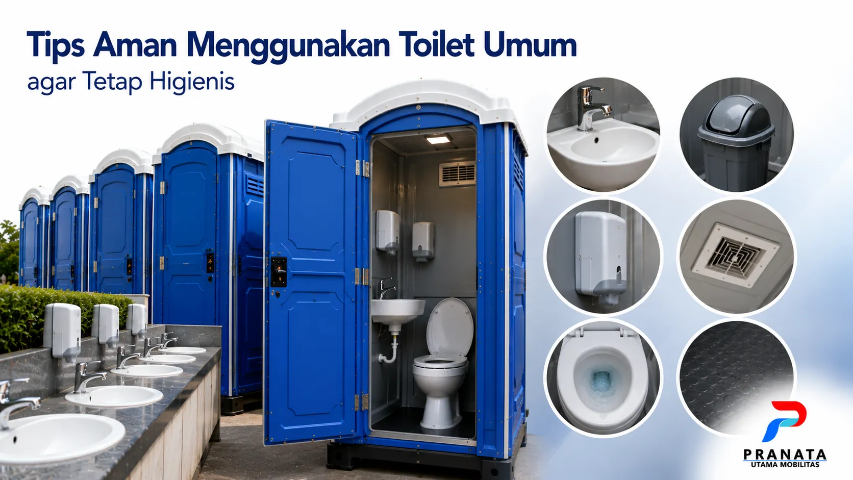 Toilet umum dan toilet portable yang bersih dengan fasilitas sanitasi lengkap untuk mendukung kebersihan dan kenyamanan pengguna.