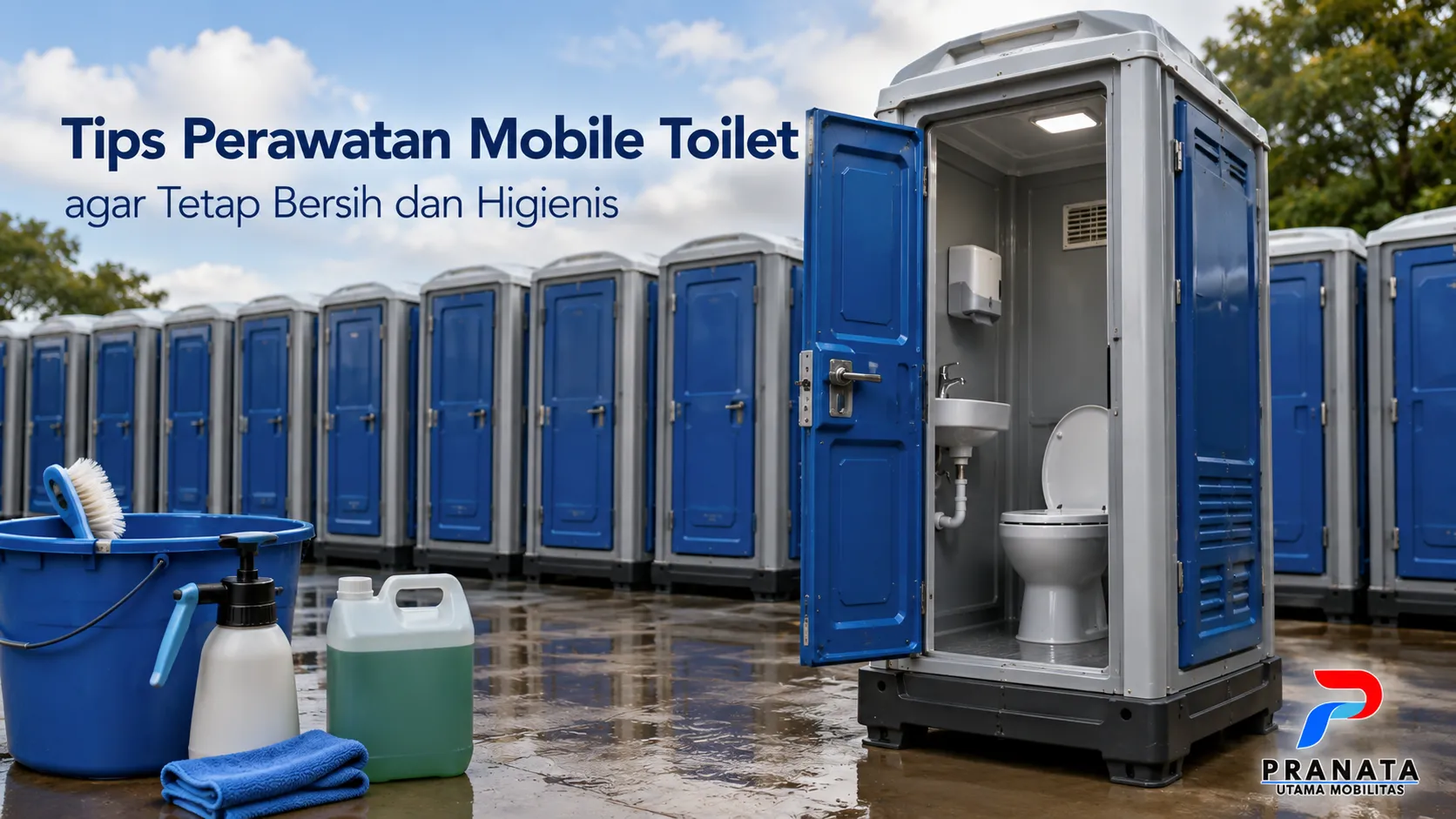 Mobile toilet bersih dan higienis dengan perlengkapan perawatan untuk mendukung kebersihan fasilitas sanitasi.