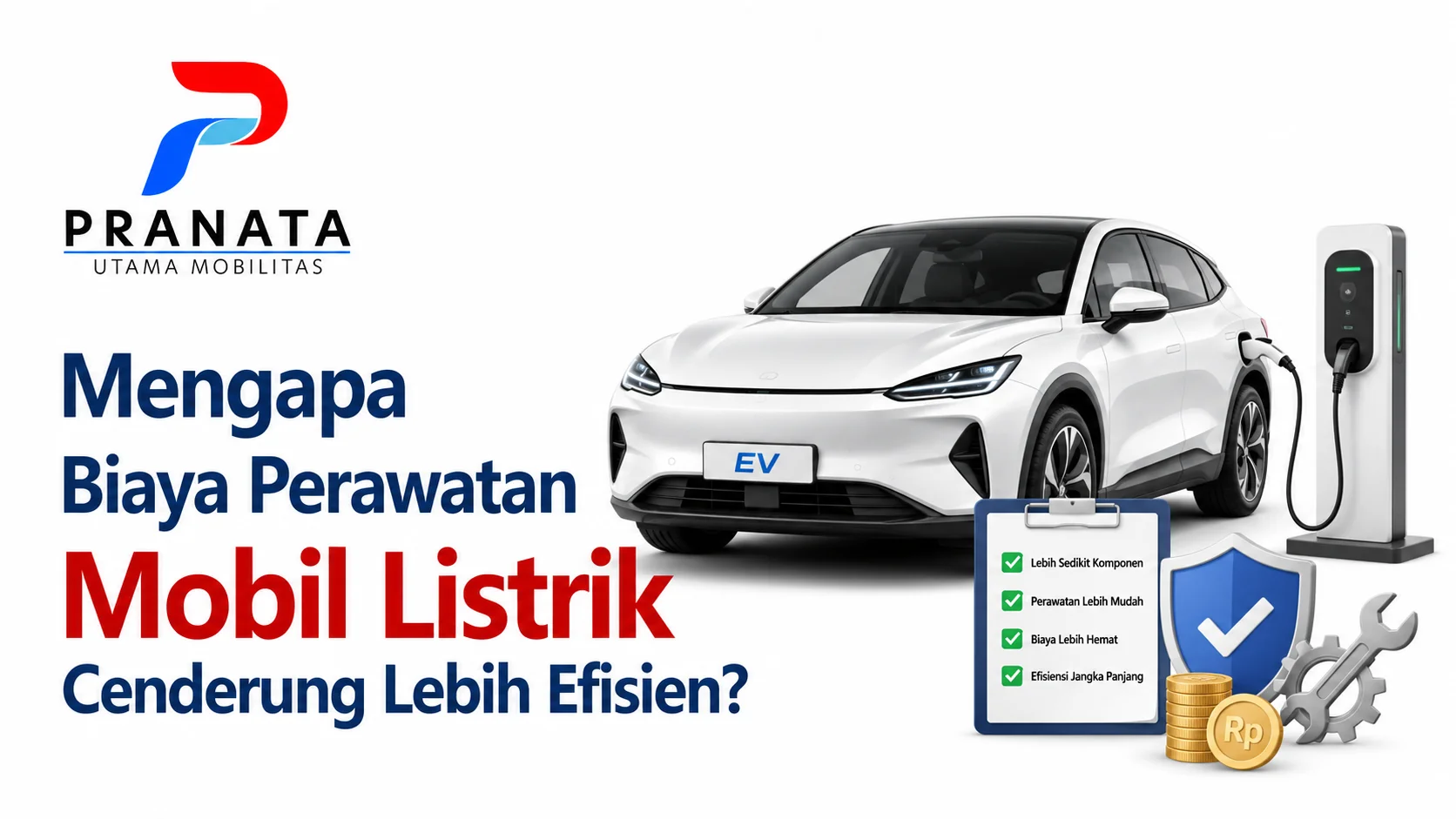 Ilustrasi biaya perawatan mobil listrik yang lebih efisien dengan logo Pranata Utama Mobilitas
