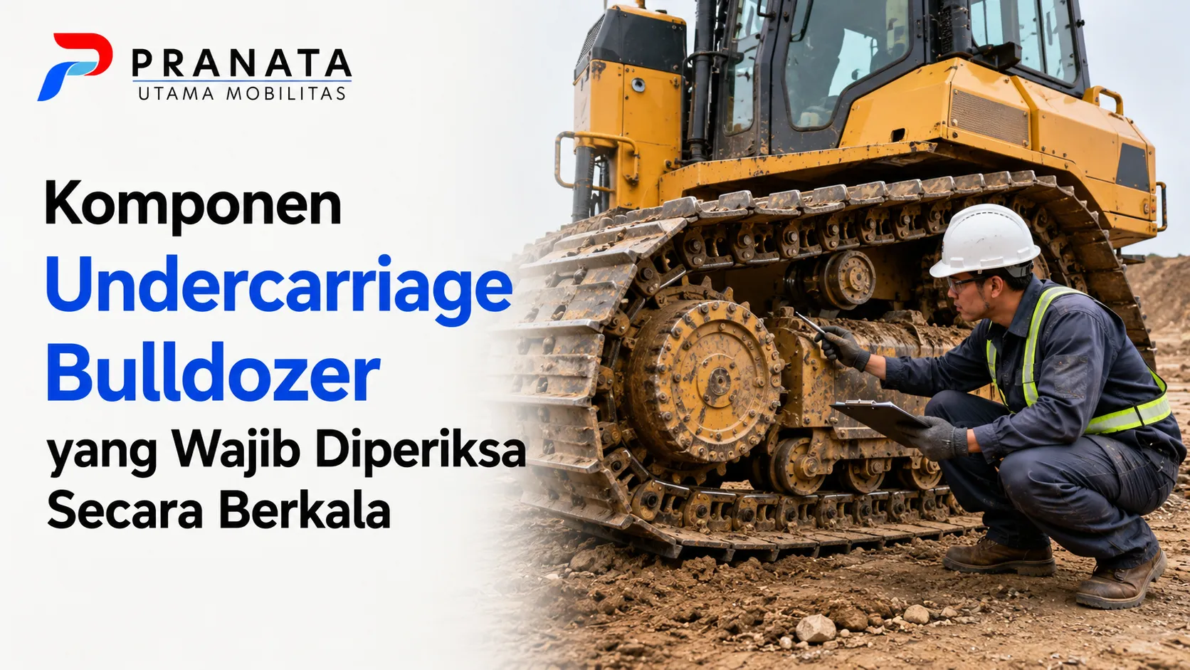Teknisi melakukan pemeriksaan undercarriage bulldozer dengan mengecek komponen track chain, track shoe, roller, idler, dan sprocket secara berkala.