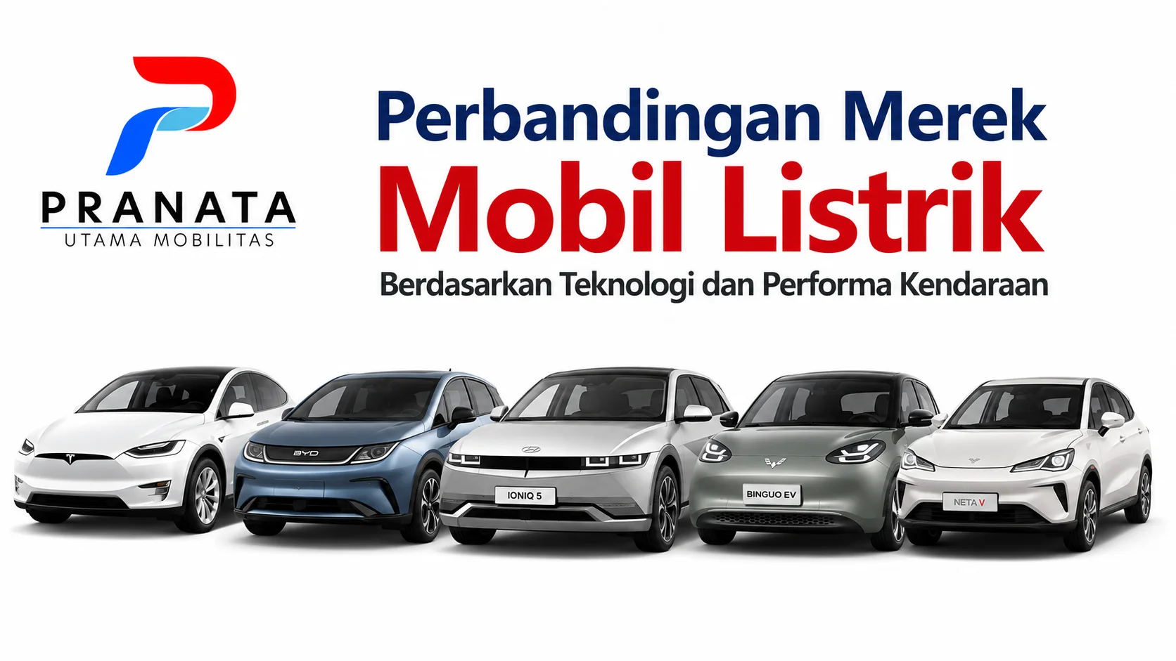 Ilustrasi perbandingan merek mobil listrik berdasarkan teknologi dan performa kendaraan dengan logo Pranata Utama Mobilitas