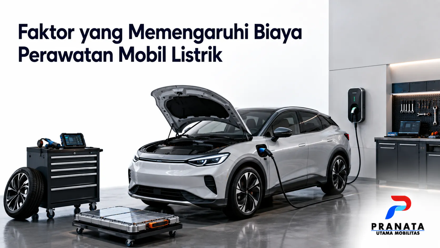 Mobil listrik di area servis dengan peralatan perawatan sebagai ilustrasi faktor yang memengaruhi biaya perawatan mobil listrik.