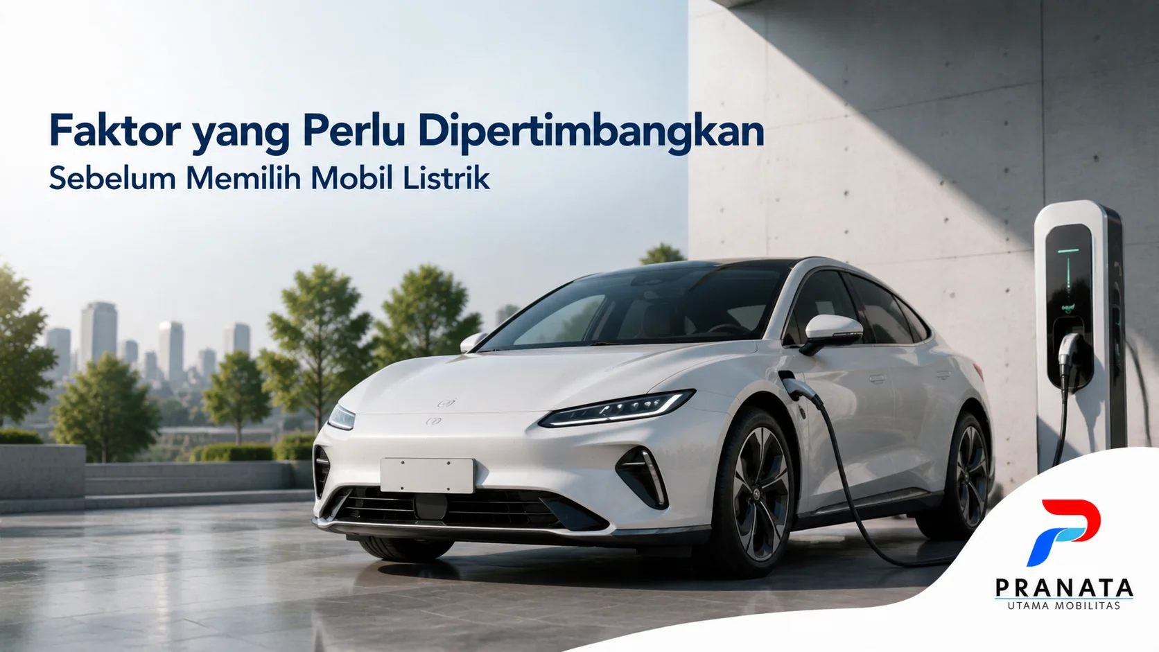 Mobil listrik sedang melakukan pengisian daya dengan latar fasilitas modern sebagai gambaran pertimbangan sebelum memilih kendaraan operasional