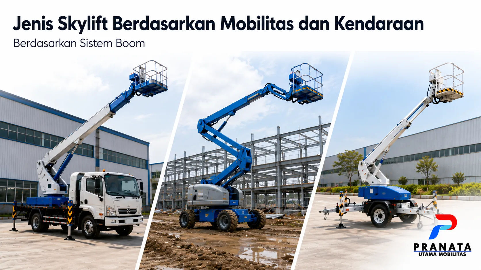 Berbagai jenis skylift berdasarkan mobilitas dan kendaraan di area industri sebagai ilustrasi pilihan skylift untuk kebutuhan operasional.