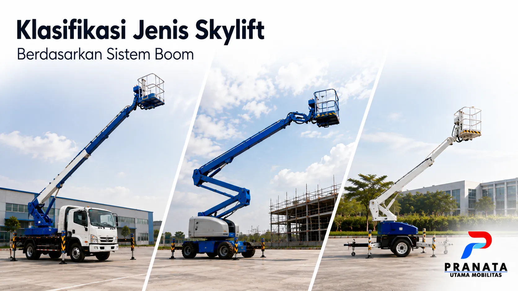 Beragam jenis skylift dengan sistem boom berbeda di area industri sebagai ilustrasi klasifikasi skylift berdasarkan sistem boom.