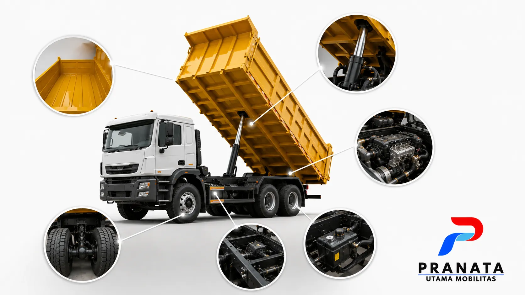 Komponen utama dump truck meliputi bak, hidrolik, engine, dan sasis.