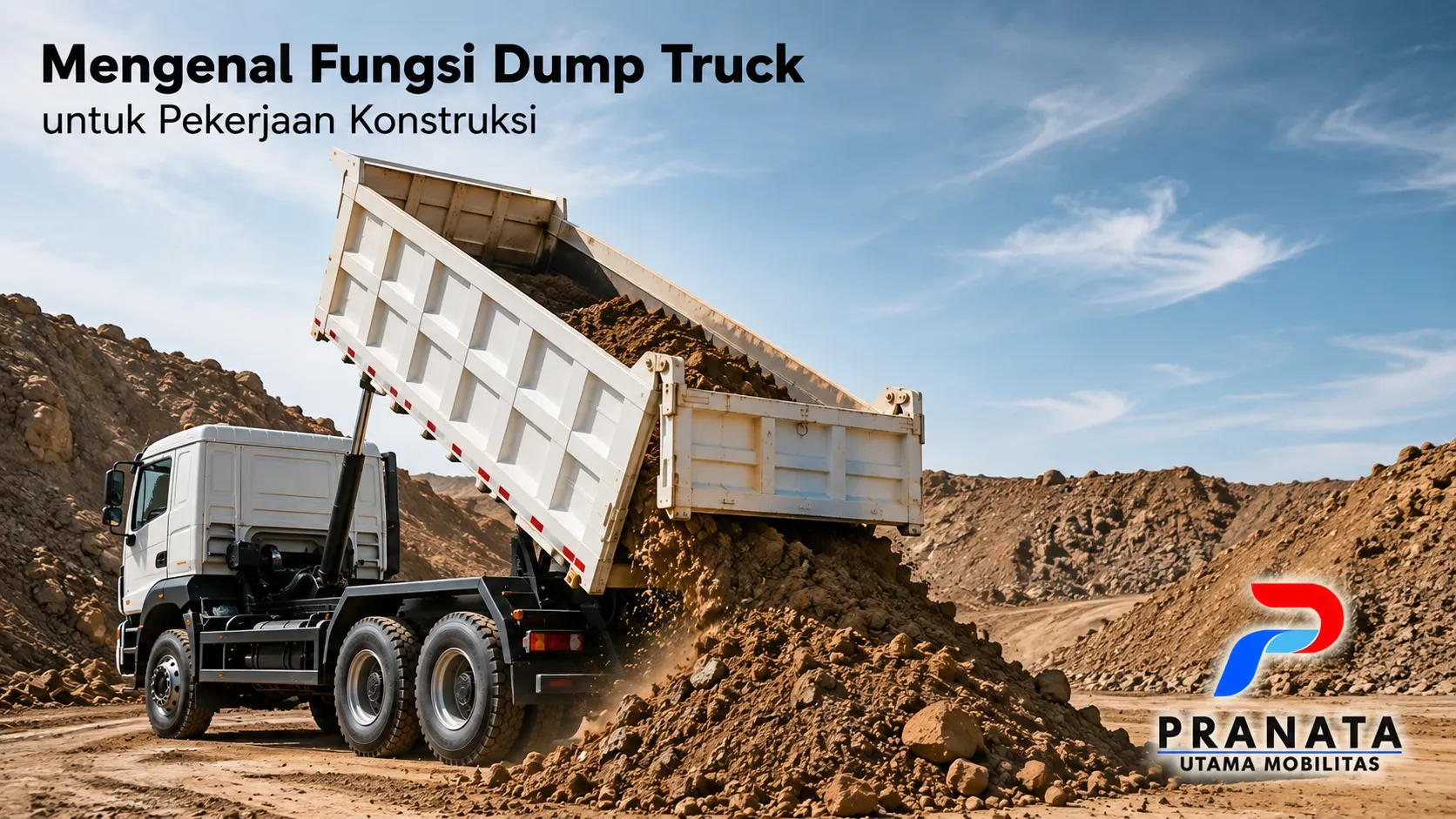 Dump truck mengangkut dan membongkar material konstruksi.