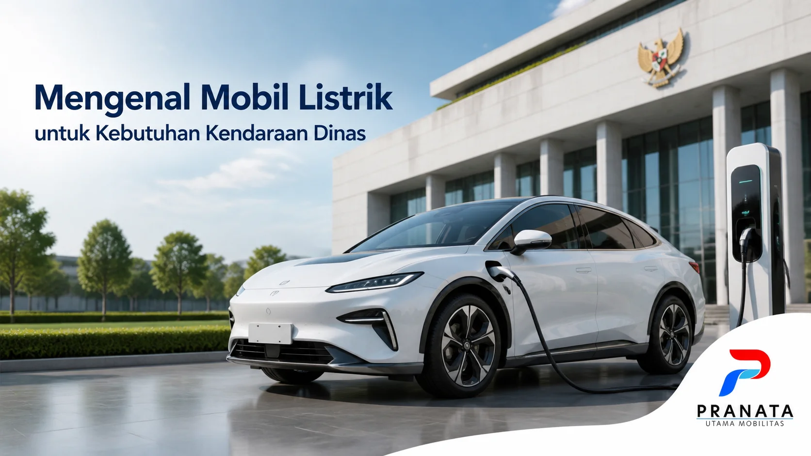 Mobil listrik modern dengan fasilitas pengisian daya di area gedung profesional sebagai kendaraan ramah energi untuk kebutuhan dinas