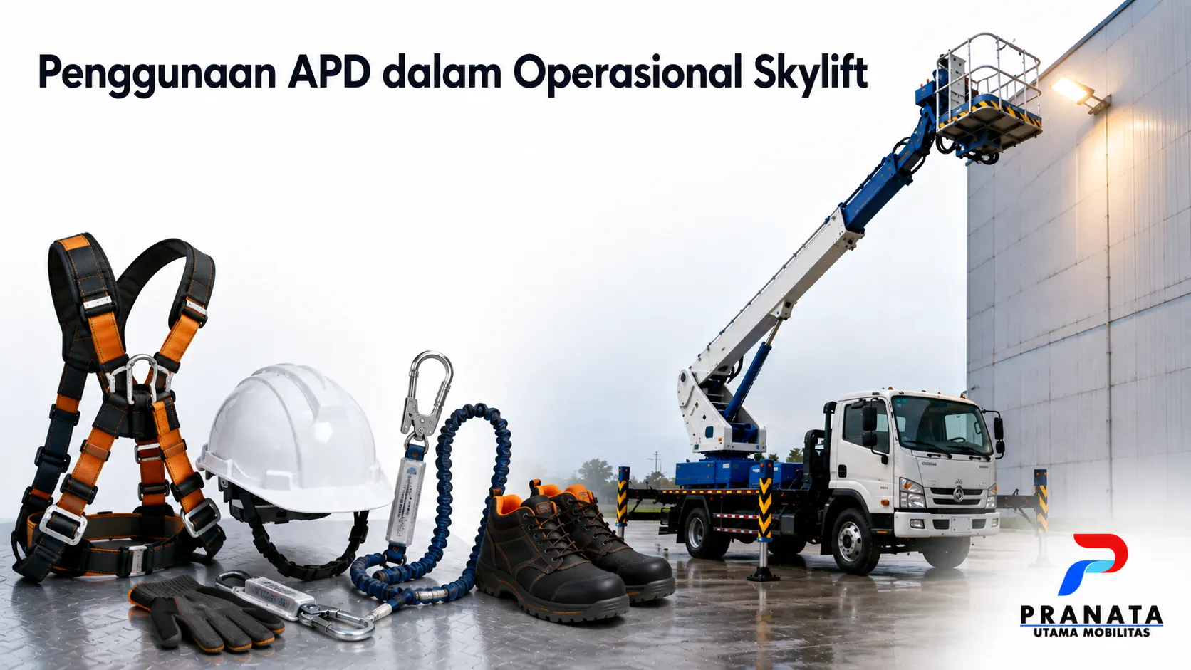 Perlengkapan APD lengkap dan mobil skylift di area industri sebagai ilustrasi penggunaan APD dalam operasional skylift.