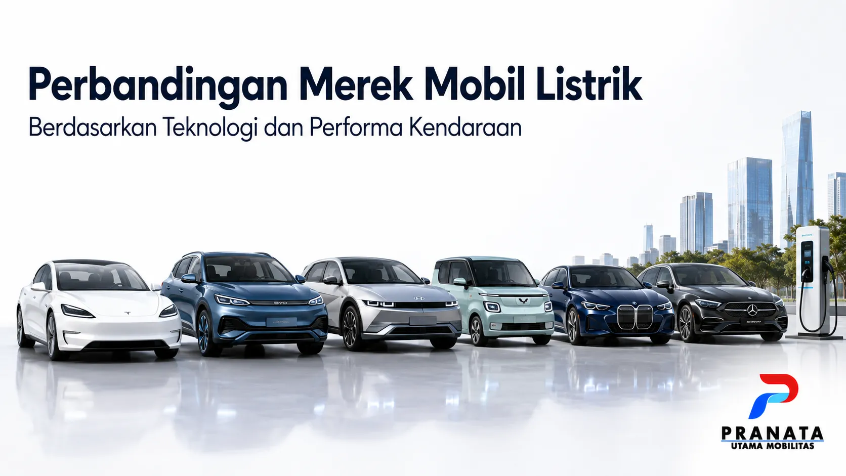 Berbagai merek mobil listrik modern berjajar sebagai ilustrasi perbandingan teknologi dan performa kendaraan listrik.
