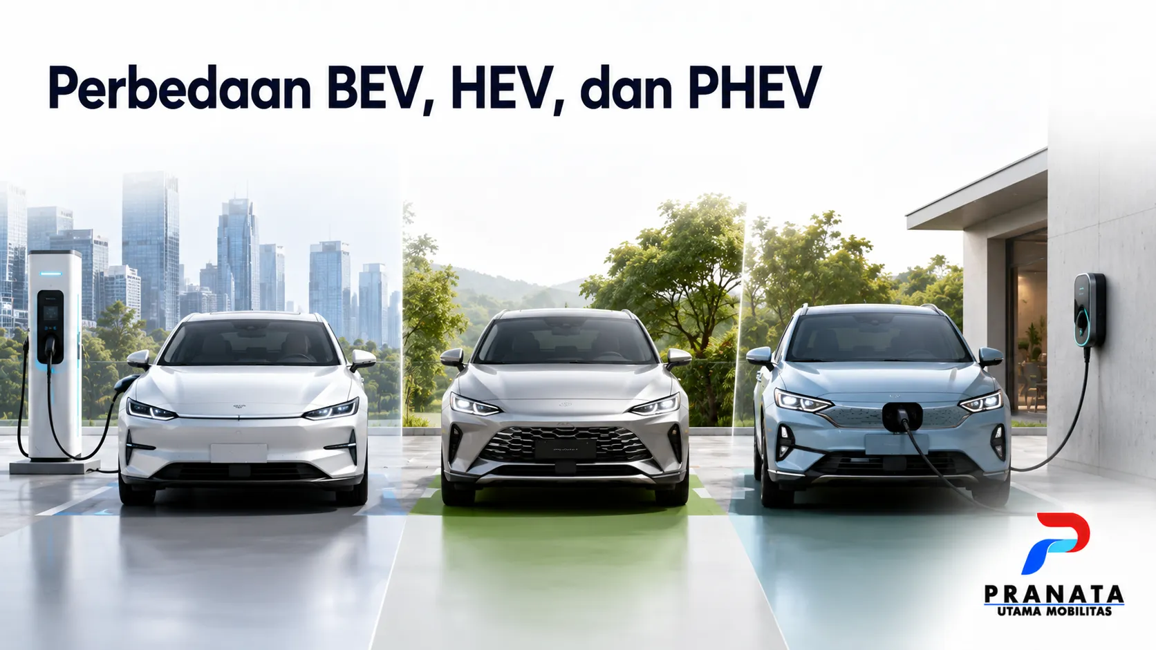 Tiga jenis kendaraan listrik sebagai ilustrasi perbedaan BEV, HEV, dan PHEV berdasarkan sistem penggerak dan metode pengisian daya.