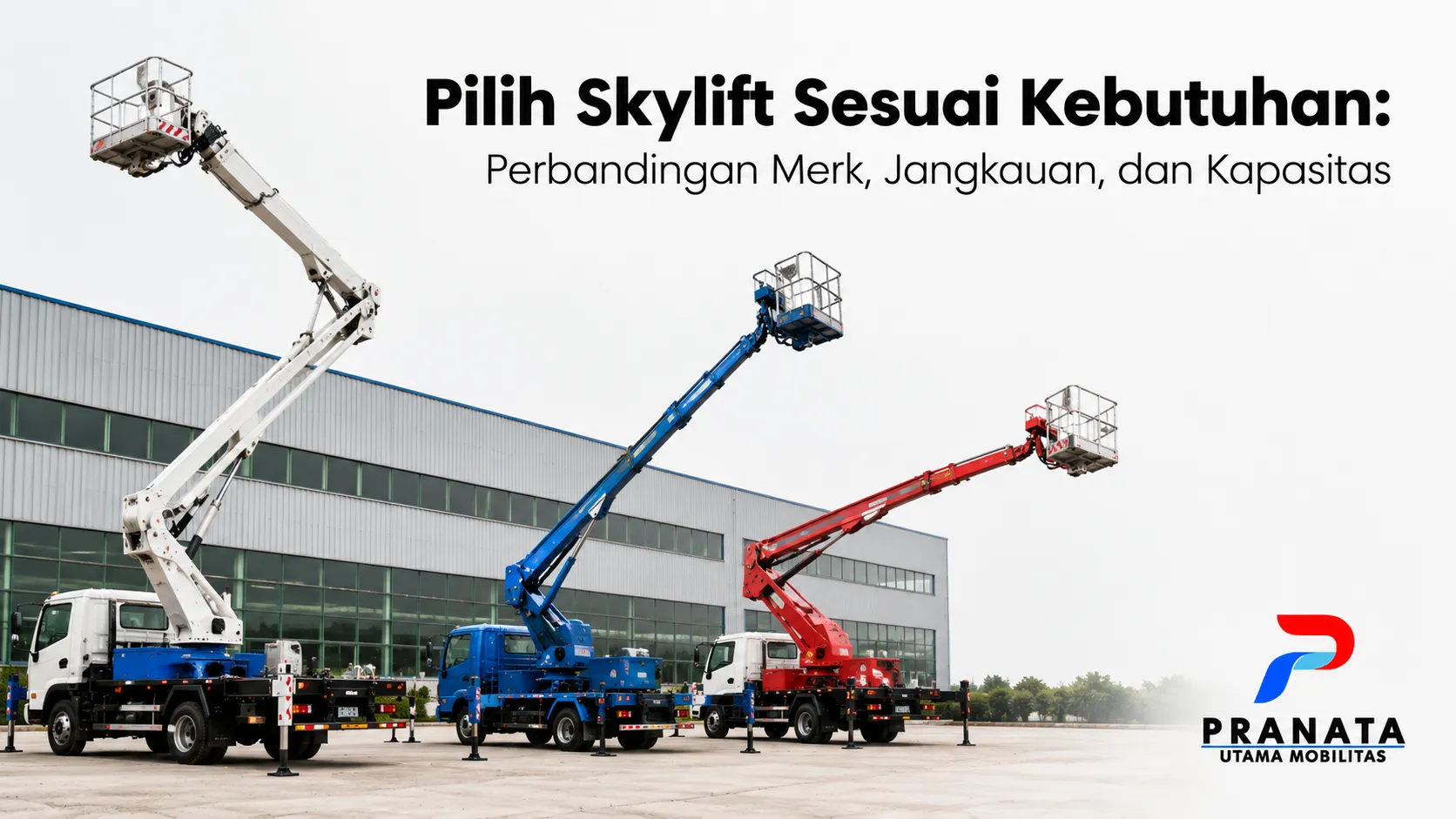 Beberapa mobil skylift dengan jangkauan dan kapasitas berbeda di area industri sebagai ilustrasi perbandingan skylift sesuai kebutuhan.