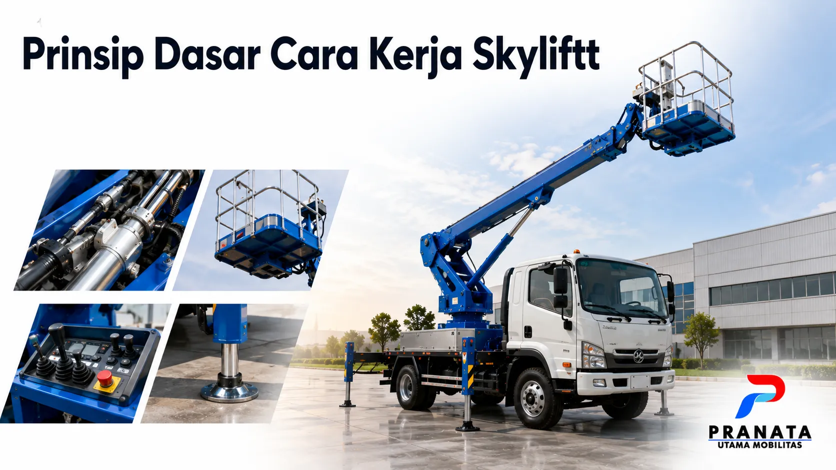 Mobil skylift dengan boom hidrolik terangkat di area industri sebagai ilustrasi prinsip dasar cara kerja skylift.