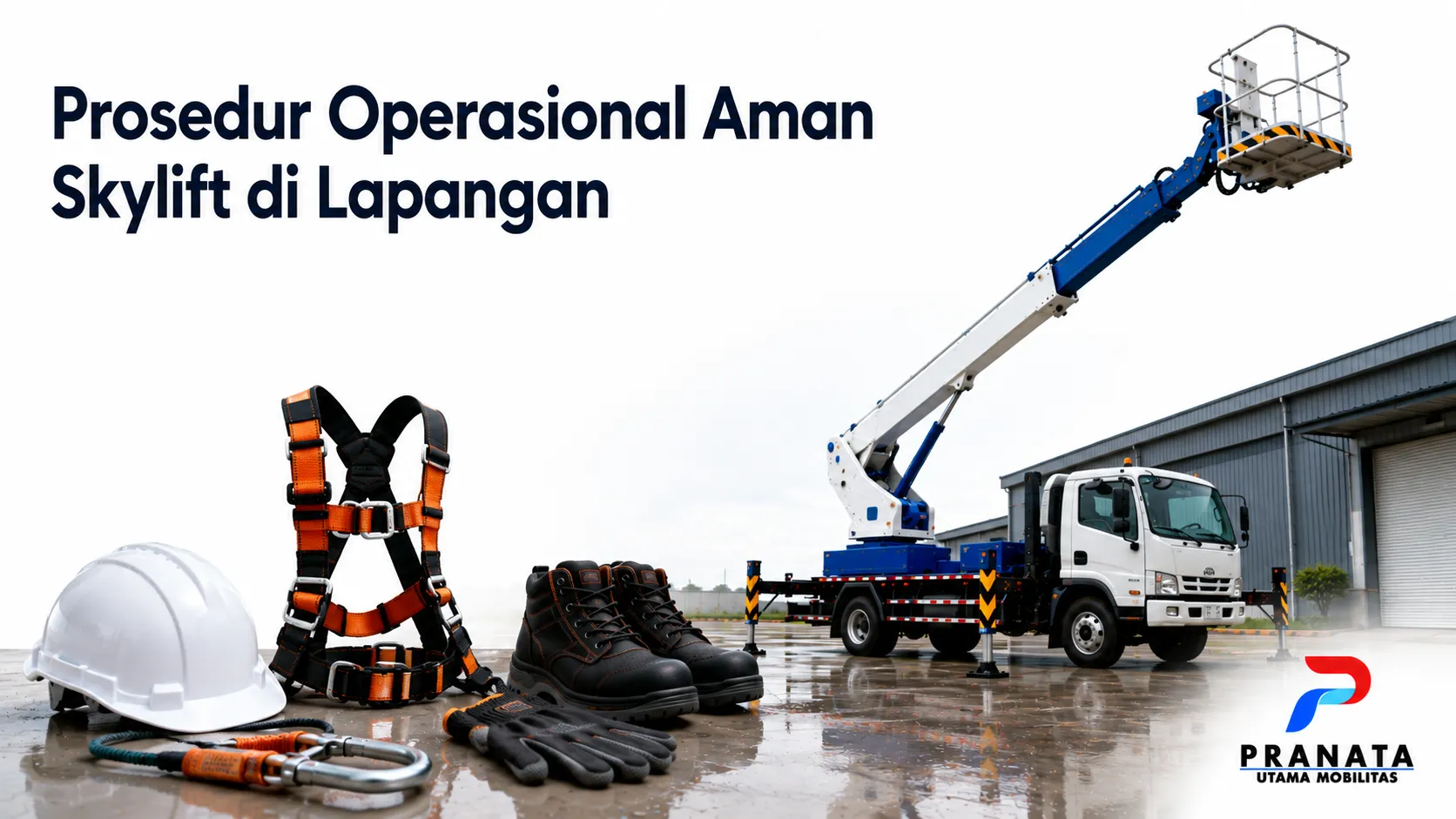 Mobil skylift dengan perlengkapan APD di area industri sebagai ilustrasi prosedur operasional aman skylift di lapangan.