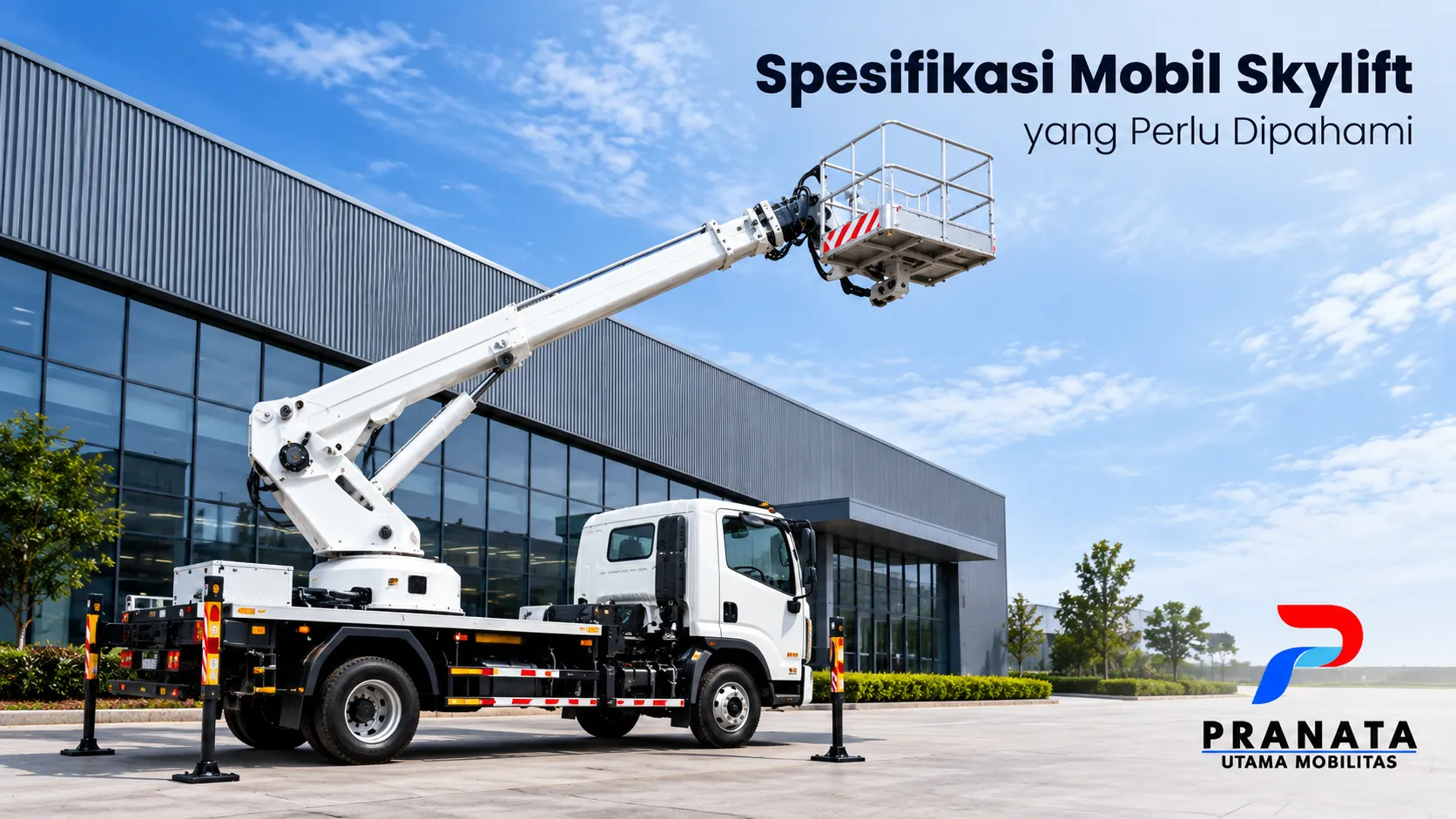 Mobil skylift dengan boom terangkat di area industri sebagai ilustrasi spesifikasi mobil skylift untuk pekerjaan di ketinggian.