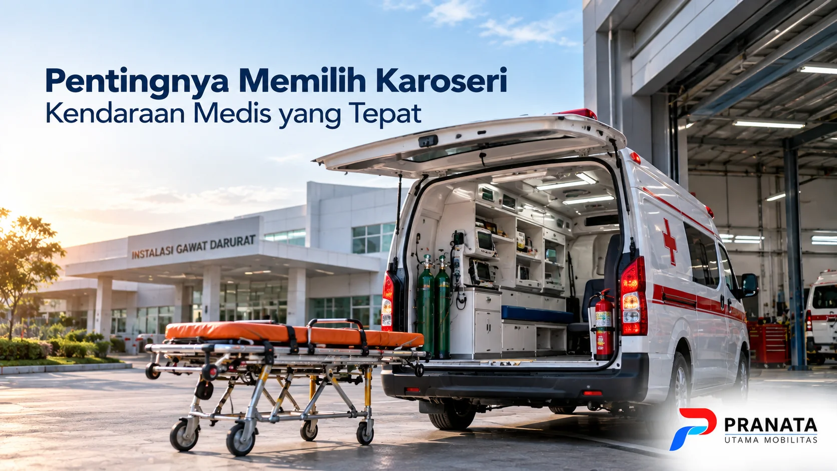 Karoseri ambulans dengan fasilitas medis untuk mendukung layanan evakuasi pasien.