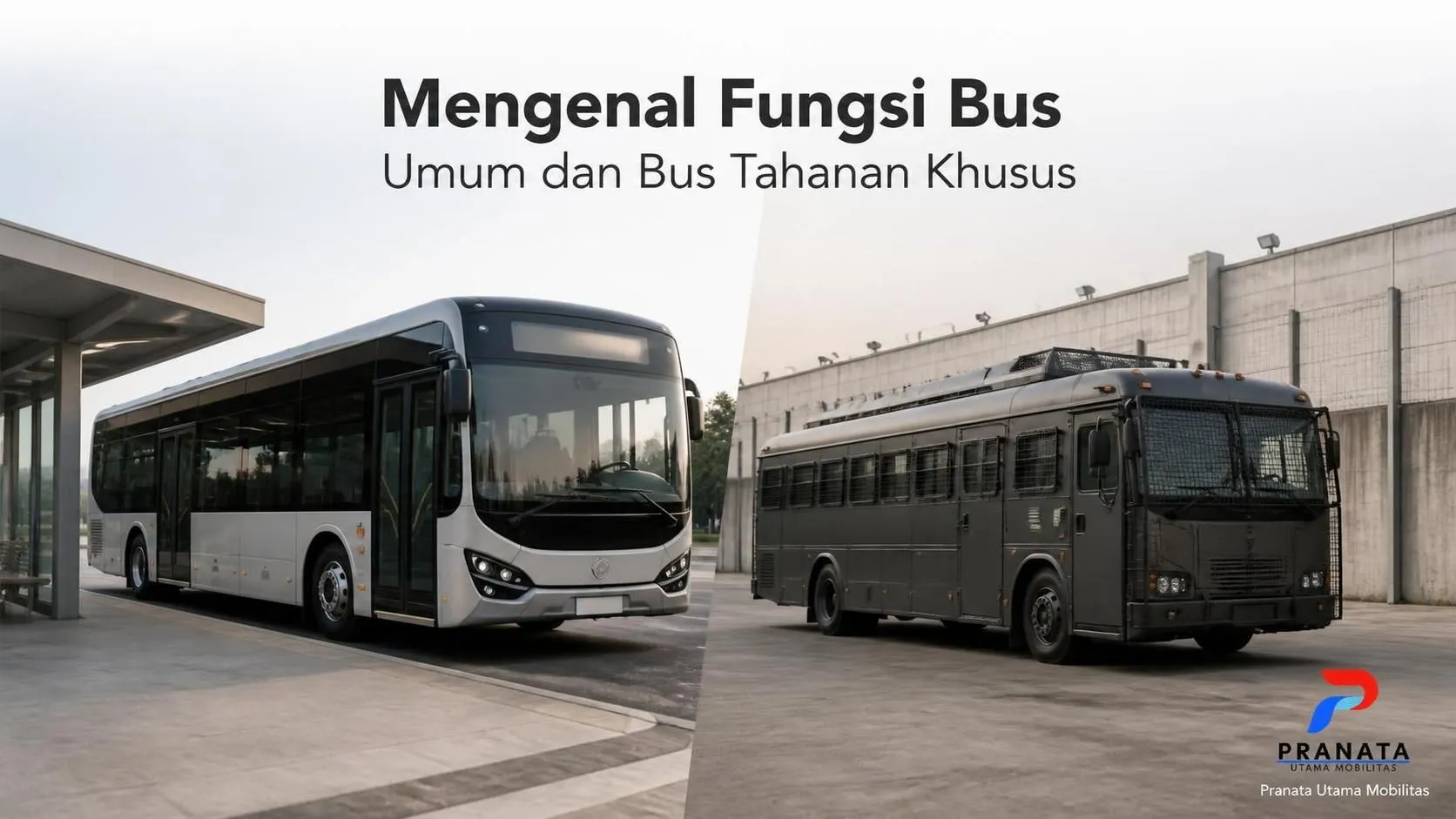 Banner fotorealistis yang menampilkan perbandingan bus umum dan bus tahanan khusus dengan judul “Mengenal Fungsi Bus Umum dan Bus Tahanan Khusus” serta logo Pranata Utama Mobilitas.