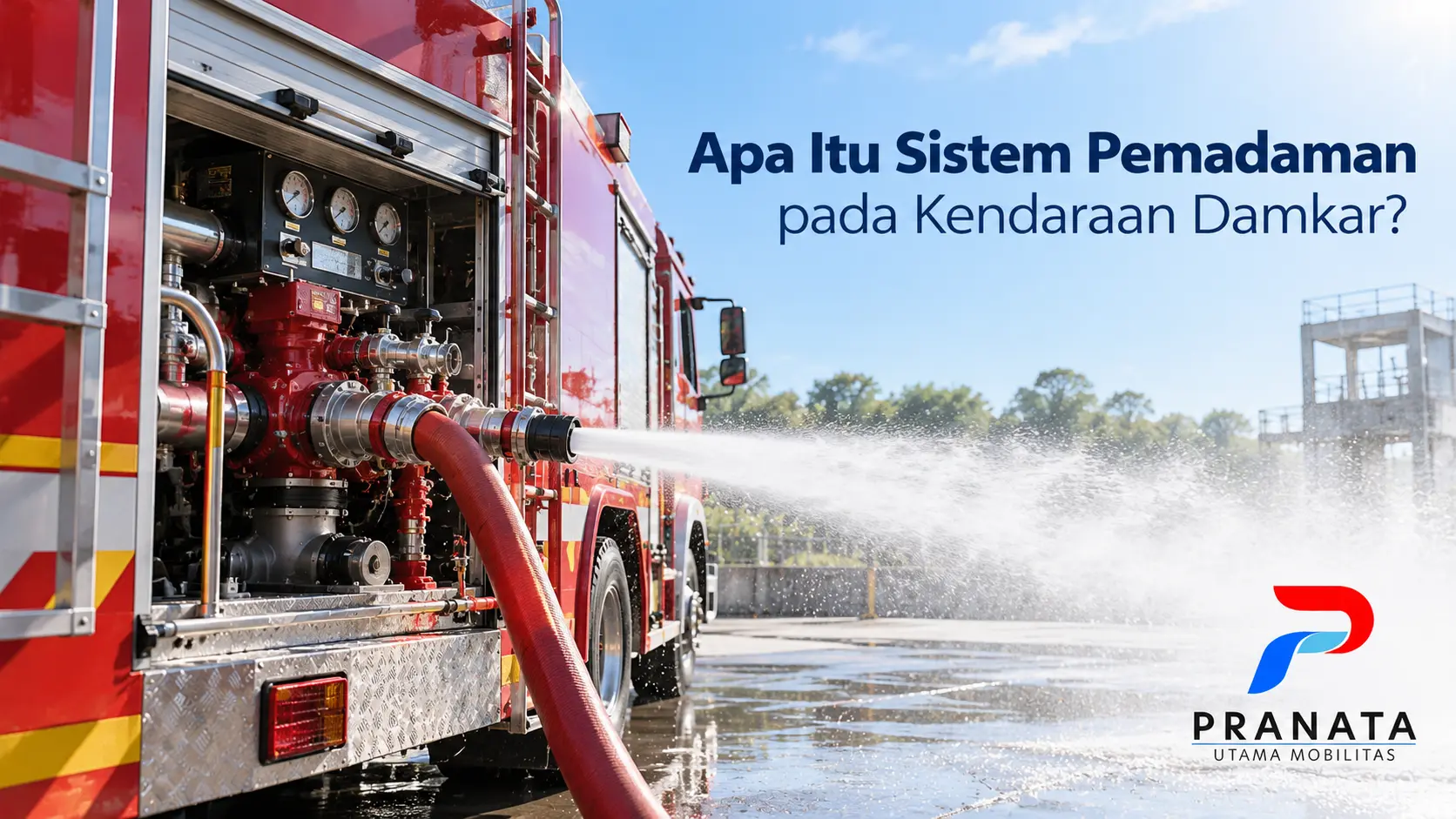 Sistem pemadaman pada kendaraan damkar dengan pompa air dan selang pemadam