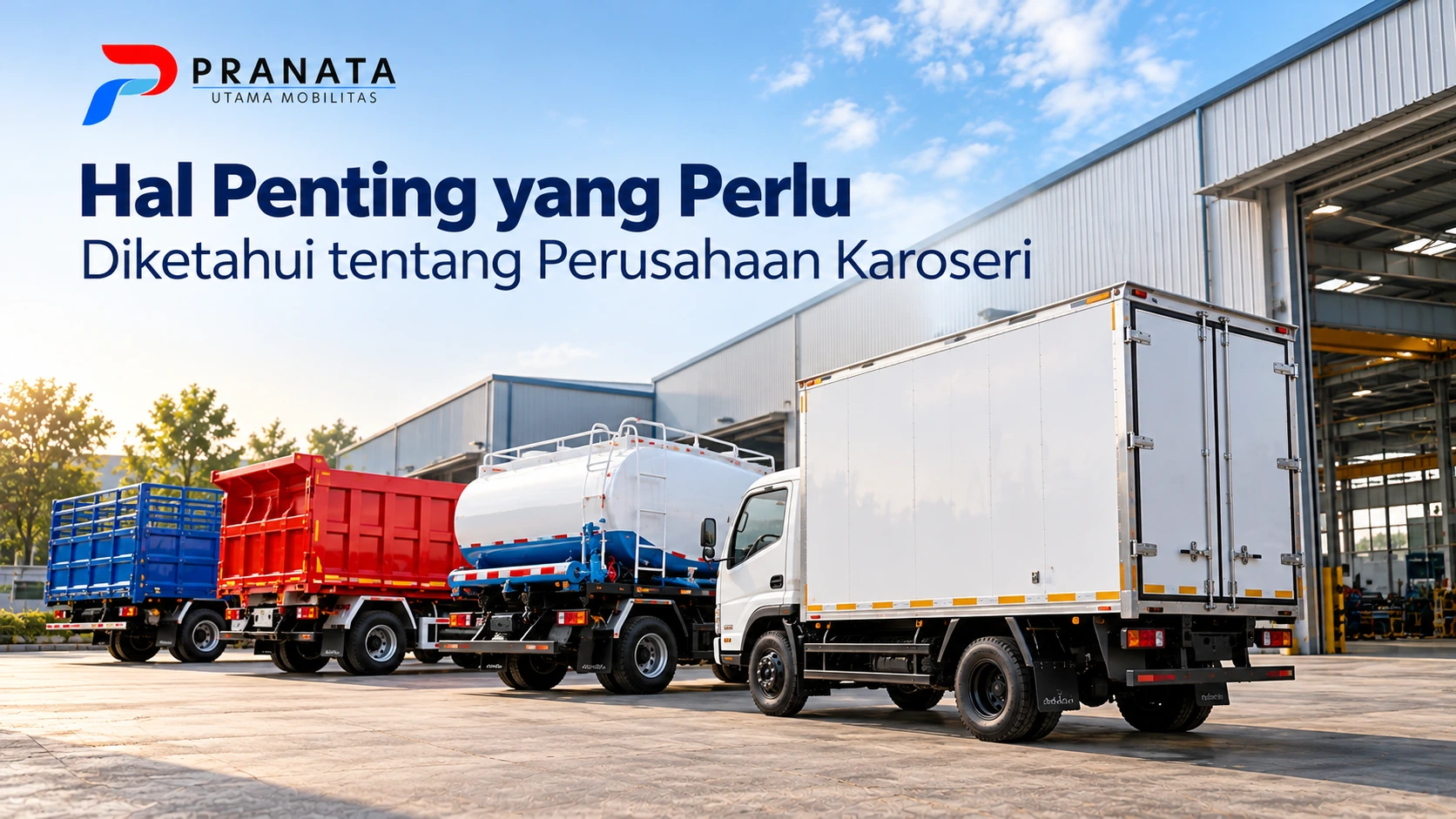 Perusahaan karoseri truk dengan berbagai jenis kendaraan, termasuk truk bak, truk tangki, dan truk boks di area fasilitas produksi Pranata Utama Mobilitas.