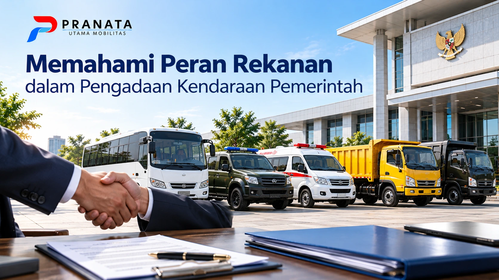 Memahami peran rekanan dalam pengadaan kendaraan pemerintah dengan penyediaan berbagai jenis kendaraan operasional di depan gedung pemerintahan.